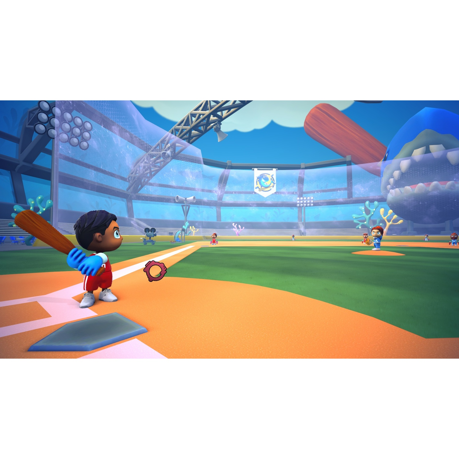 A cartoon boy swings a baseball bat on a field with a giant shark in the background.