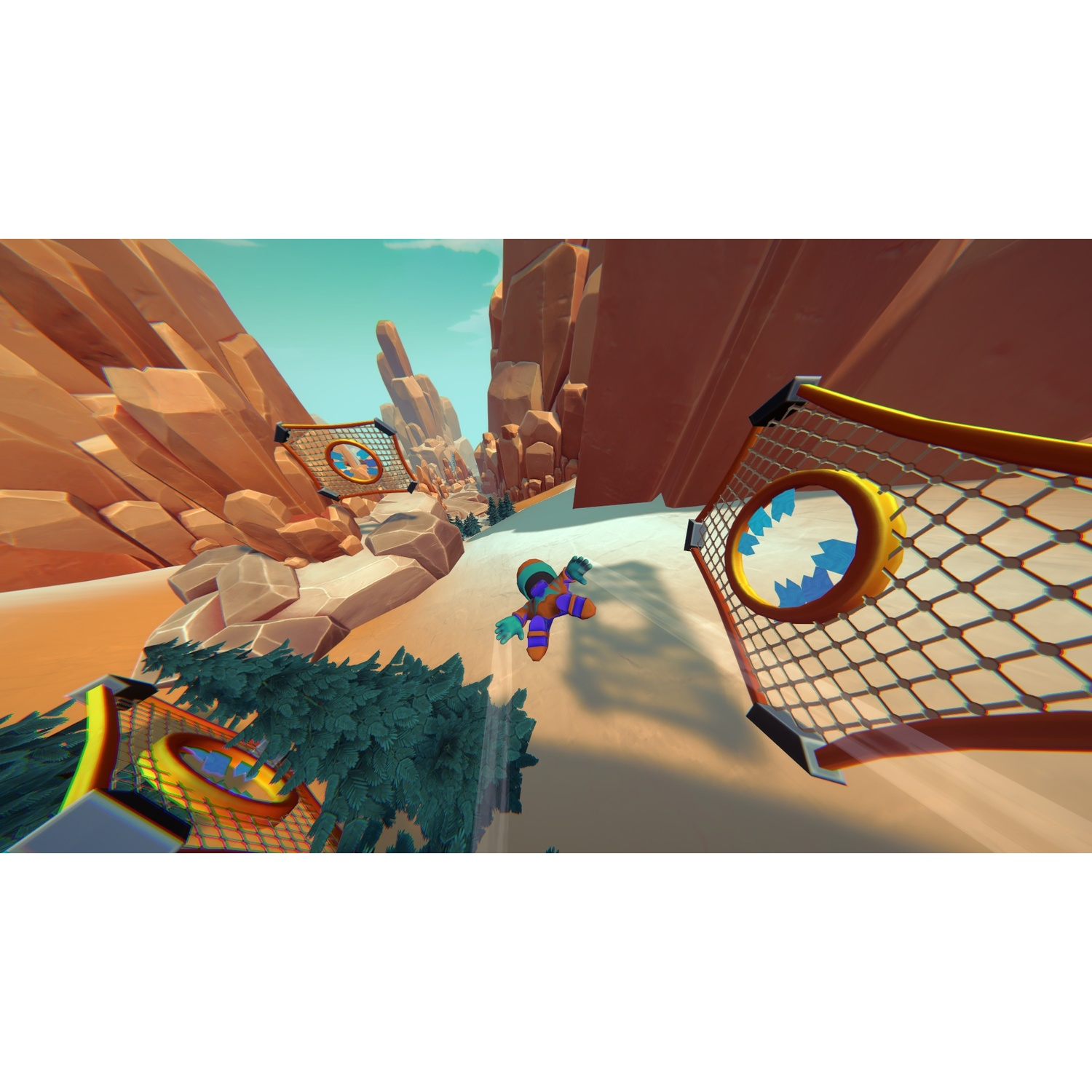 A figure in a colorful suit jumps through a hoop in a desert landscape.