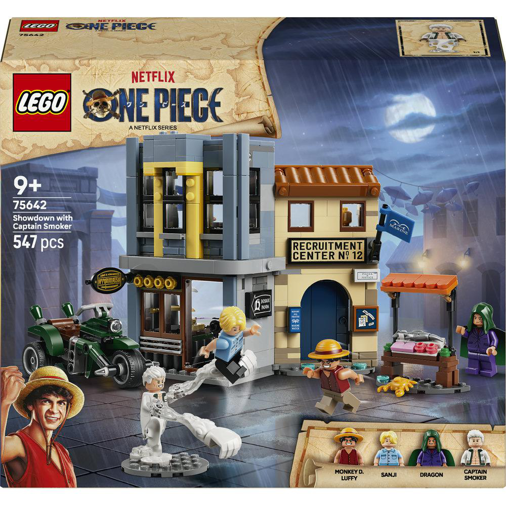 LEGO One Piece Set mit Figuren und Gebäuden auf einer Straße bei Nacht.