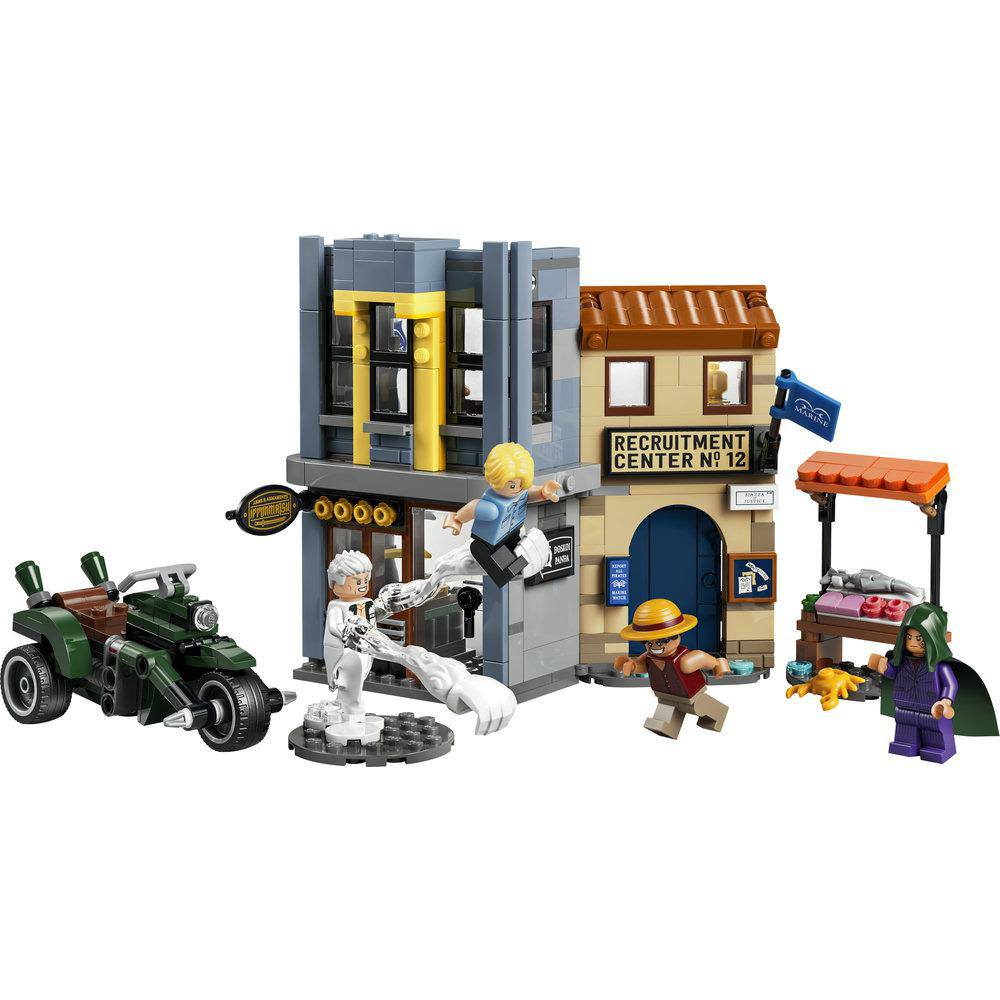 Legos:Figuren kämpfen vor einem Gebäude mit Schildern und einem Marktstand.