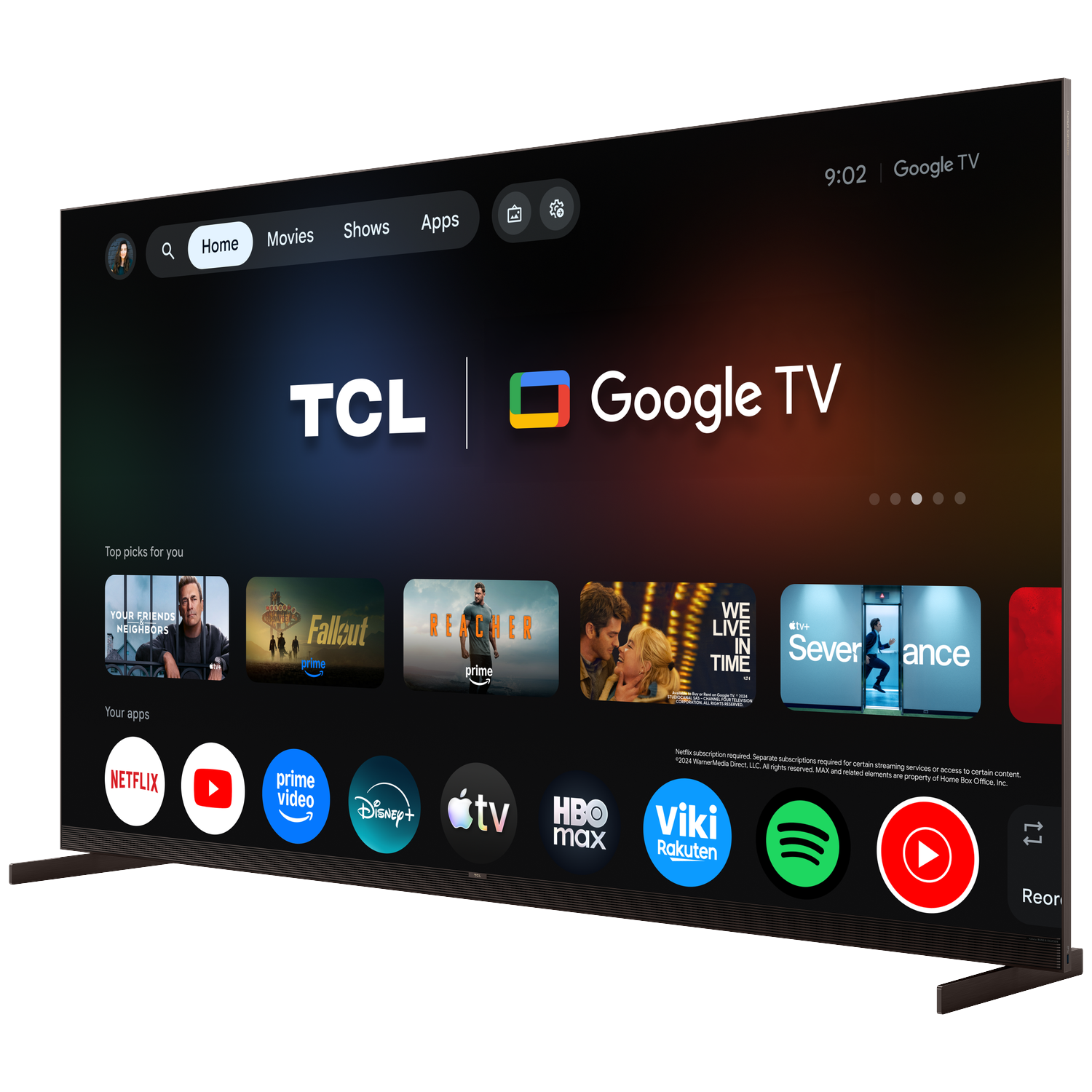 Een moderne tv met Google TV-interface, die apps en filmvoorstellen toont.