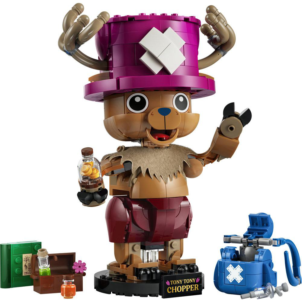 Eine Lego-Figur von Tony Tony Chopper mit Hut, Umhang und einem blauen Gerät.