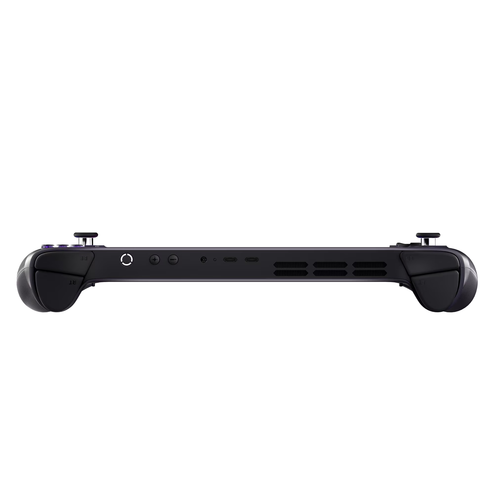 Un dispositivo de juego portátil oscuro con joysticks y botones.