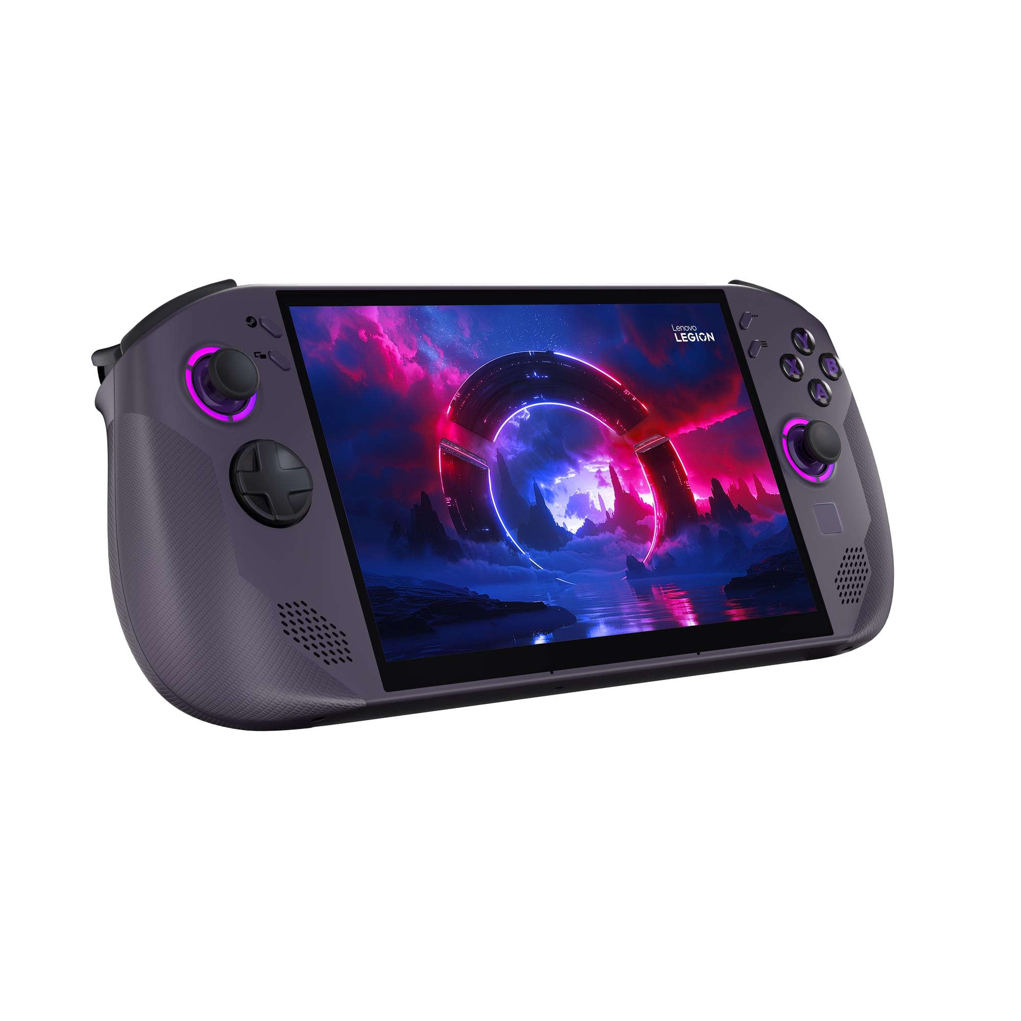 Una PC portátil para juegos morada con pantalla de juego futurista.