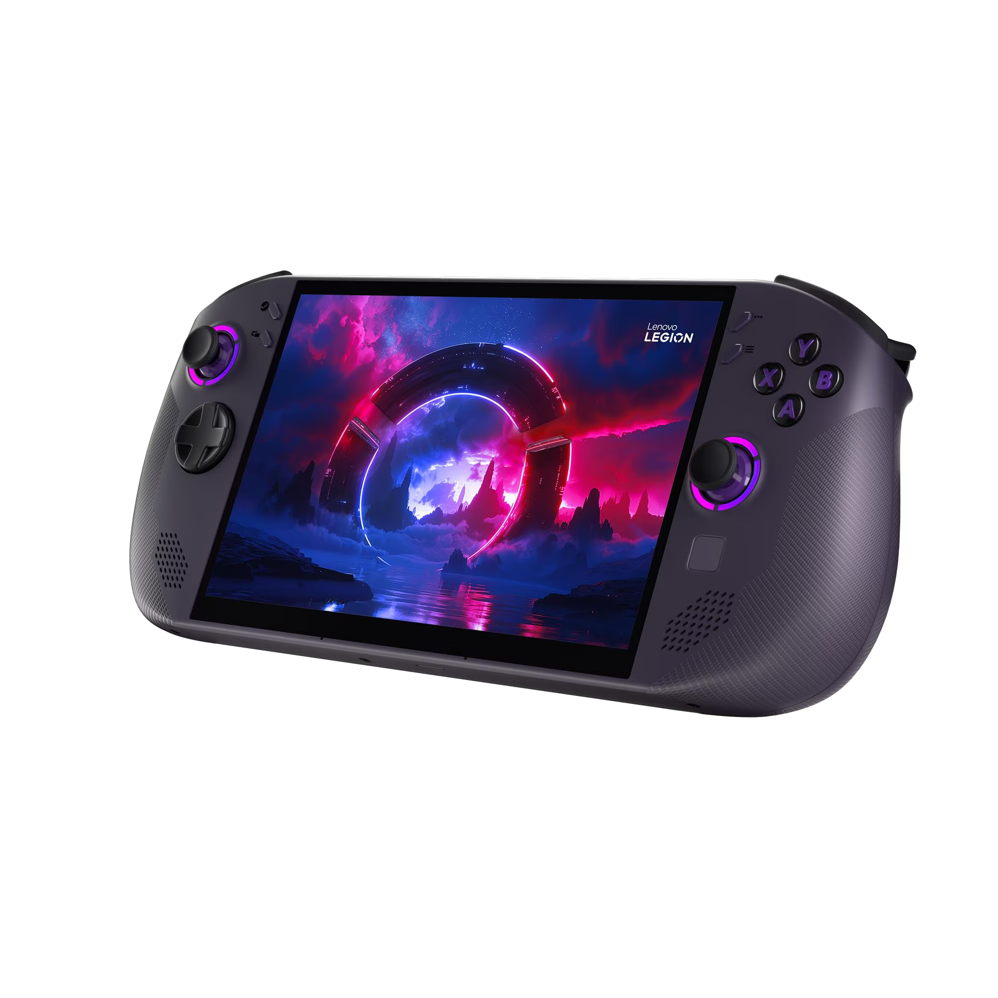 Un dispositivo de juego portátil gris con un joystick morado y una pantalla que muestra una imagen futurista.