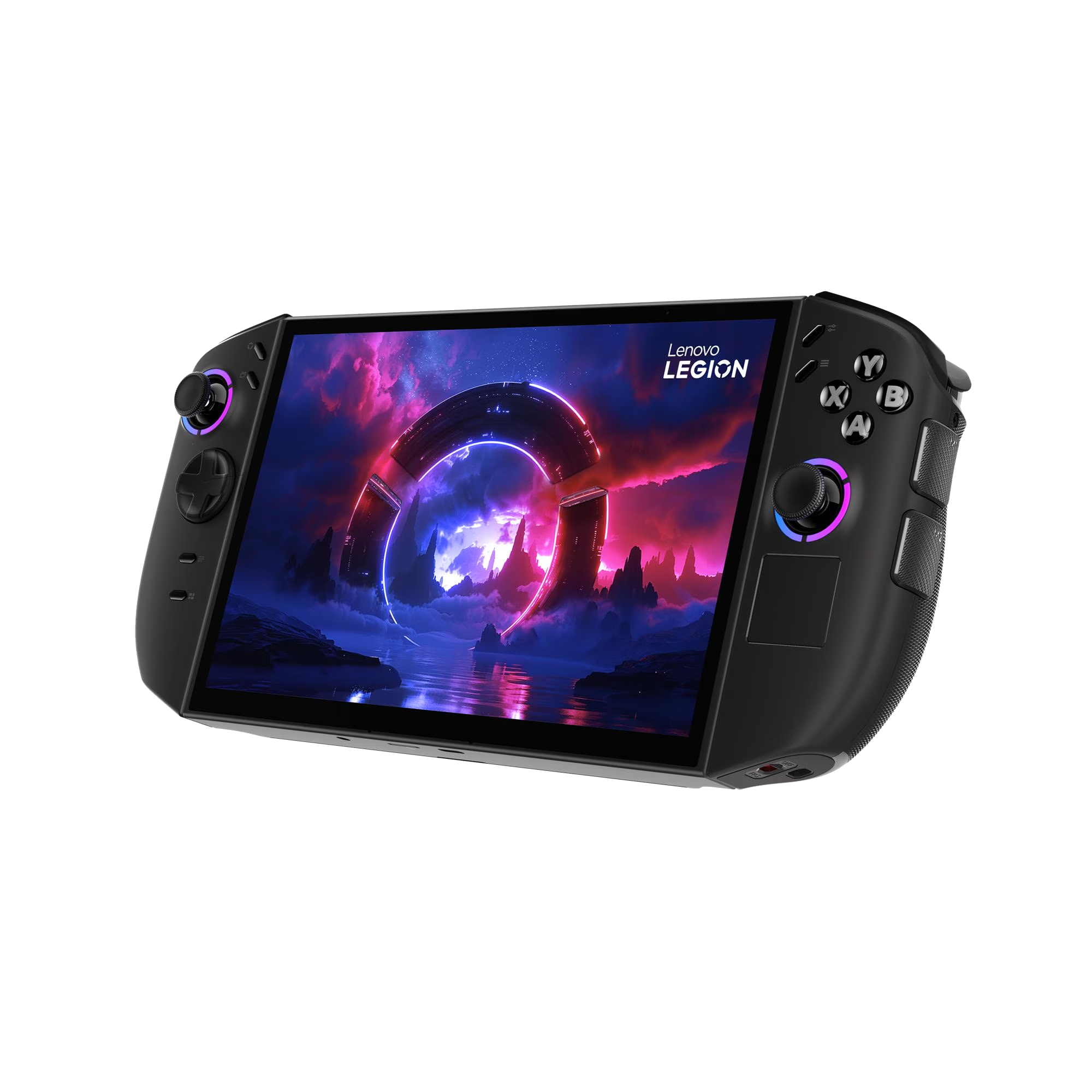 Un dispositivo portátil de juegos negro con pantalla brillante y controles.