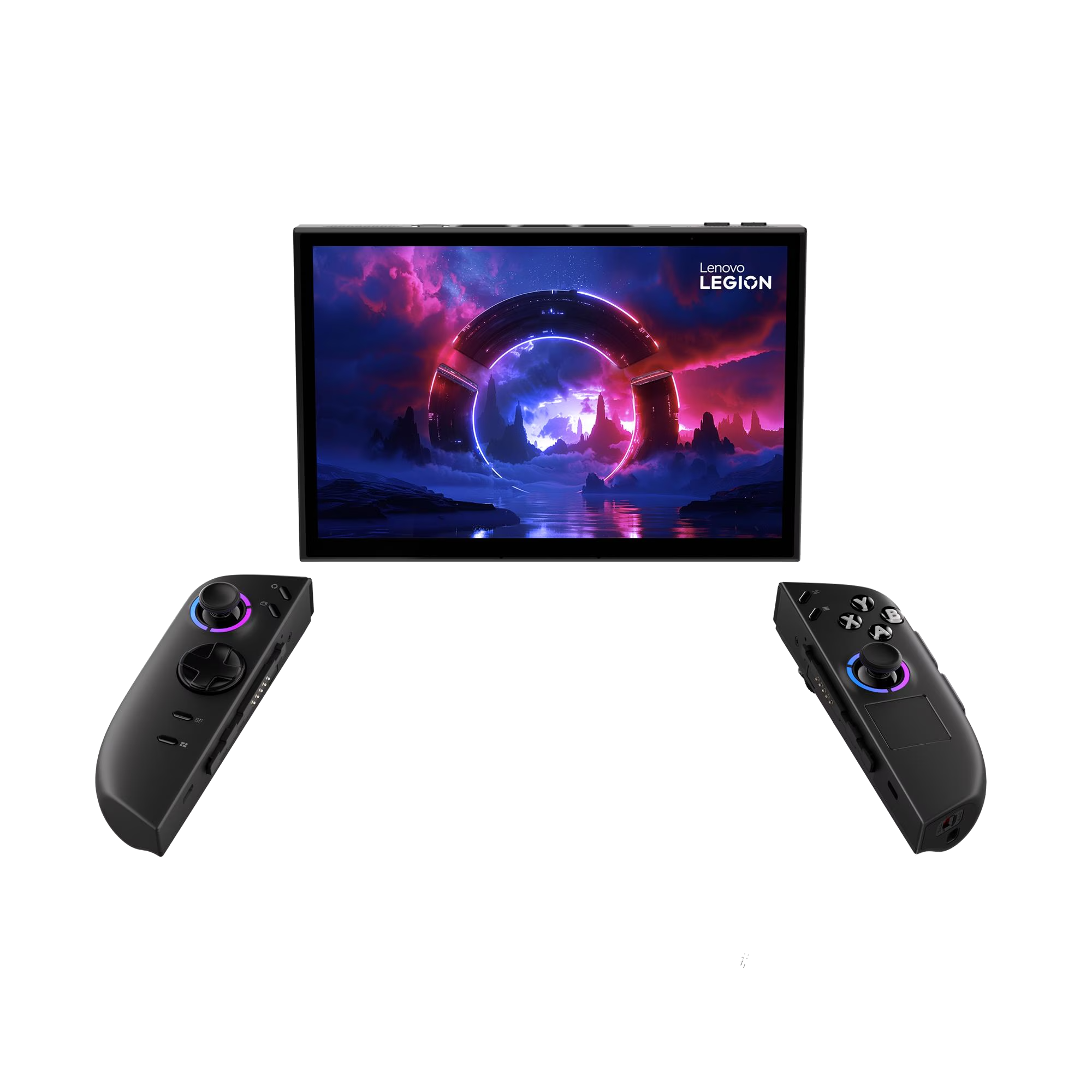 Una tablet Lenovo Legion muestra un paisaje futurista con un arco brillante. Controladores desmontables a cada lado.