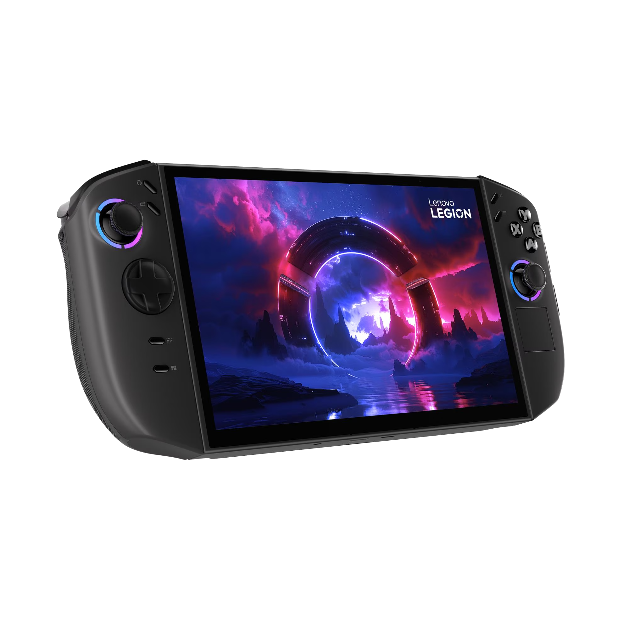 Un dispositivo portátil de juegos Lenovo Legion negro muestra un fondo de ciencia ficción.
