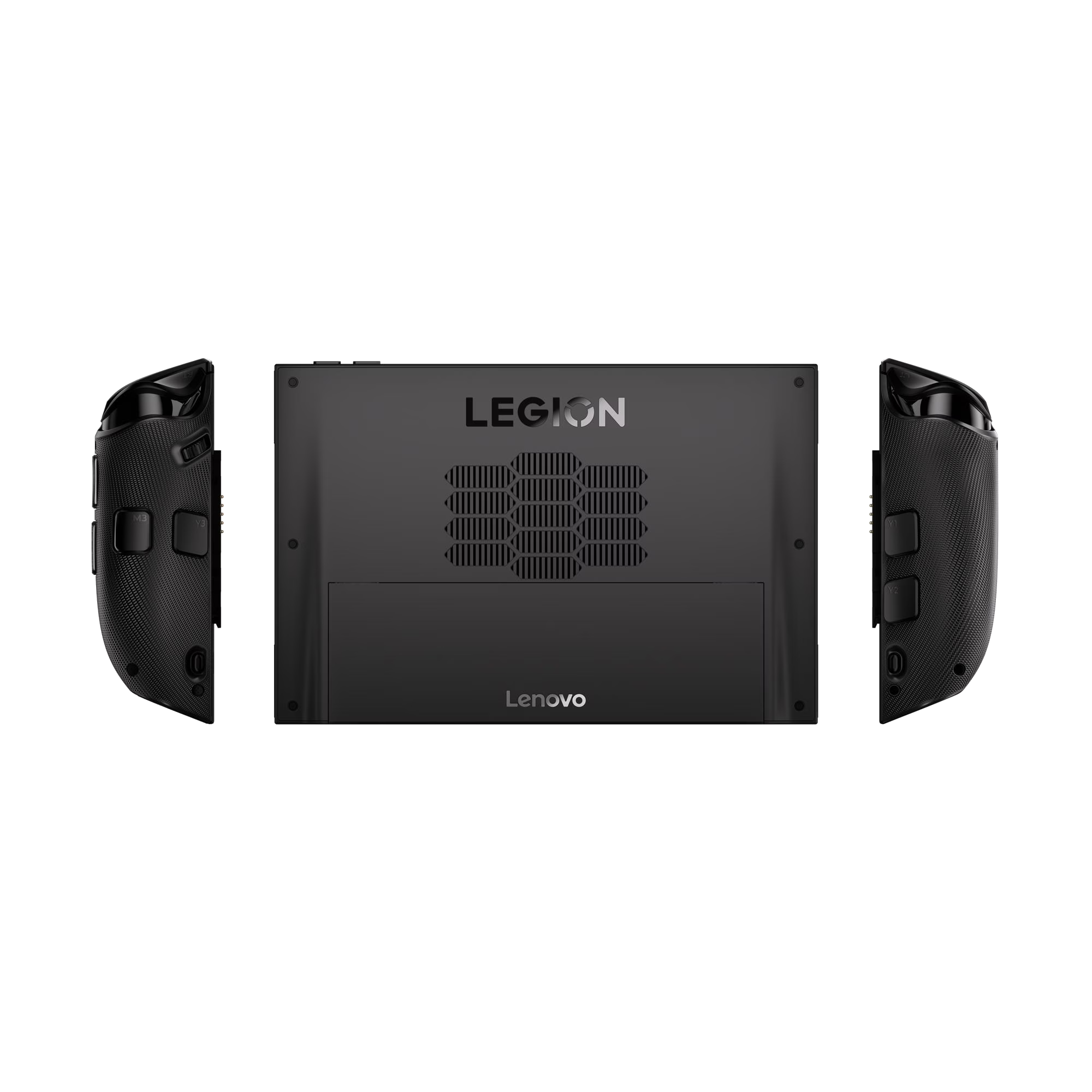 Vista posterior de un portátil para juegos Lenovo Legion negro con controladores desmontables.