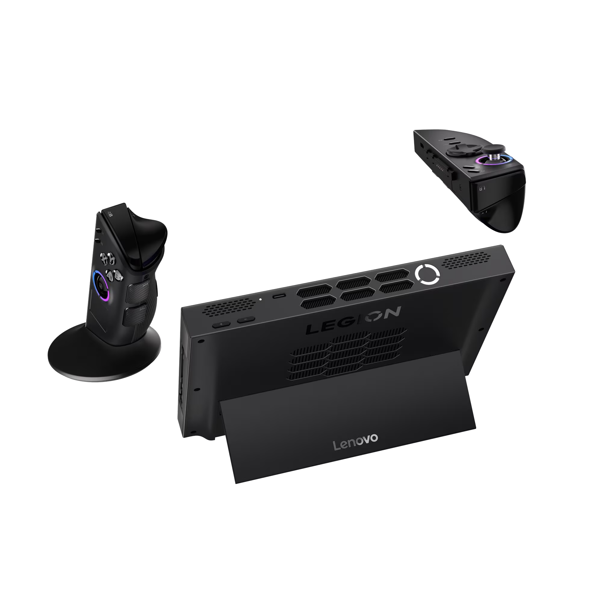 Consola de juegos Lenovo Legion negra con dos mandos desmontables sobre fondo negro.