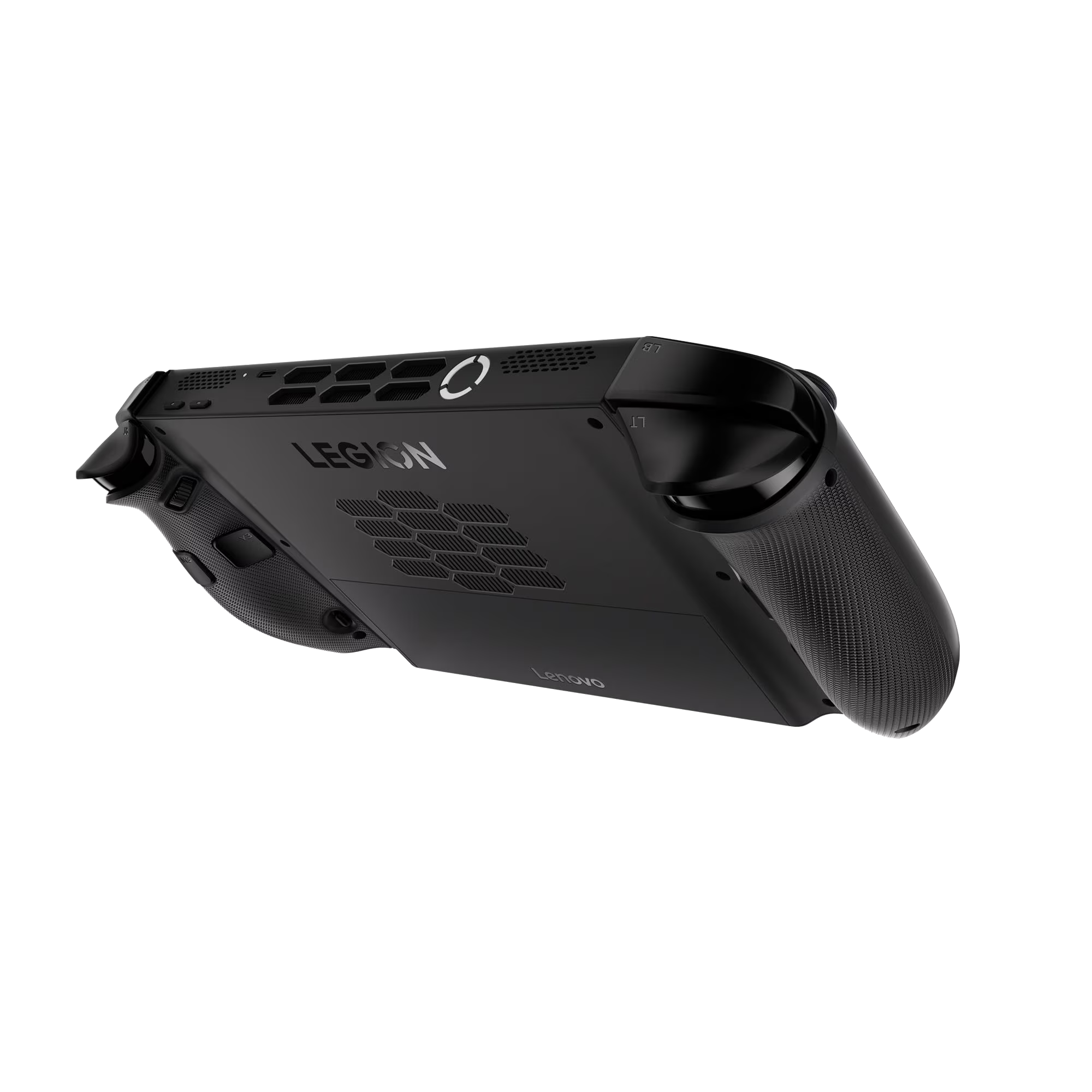 Dispositivo portátil de juegos negro con logo "LEGION" y rejillas de ventilación.