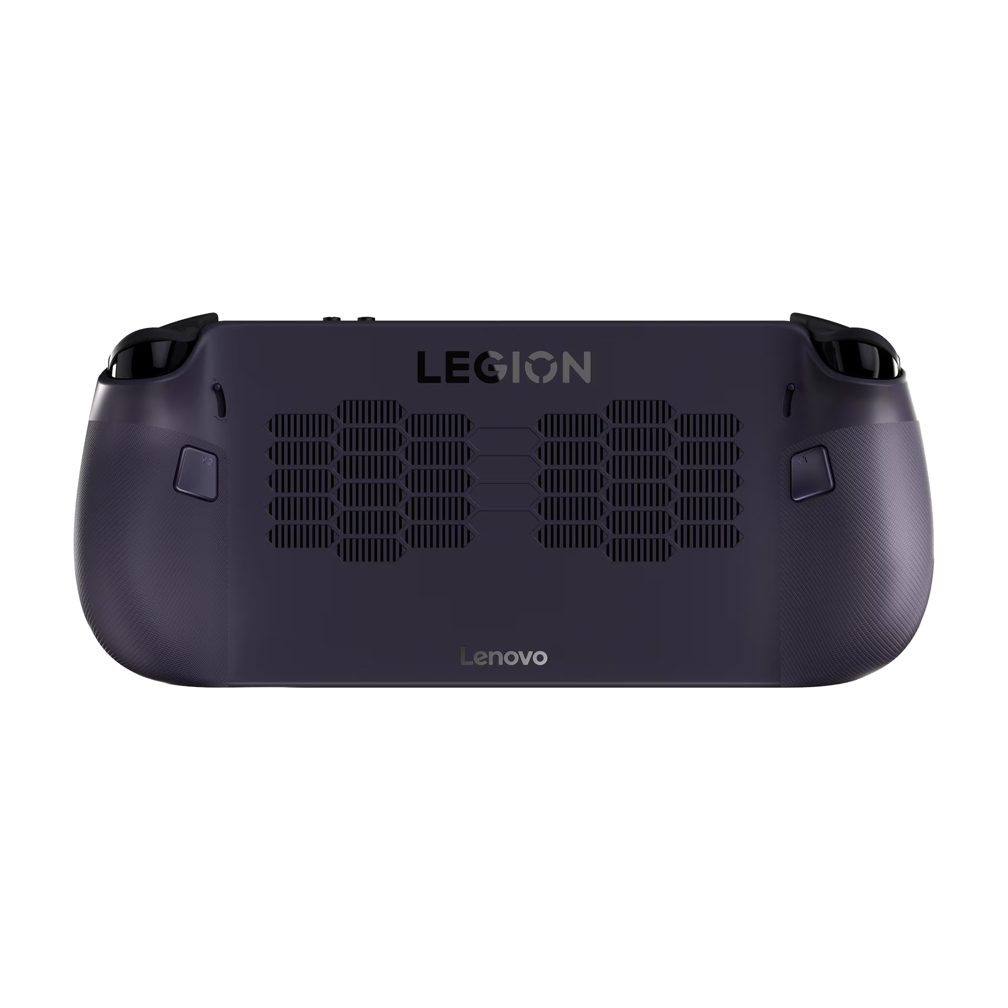 Dispositivo portátil púrpura oscuro con rejillas, logos Legion y Lenovo.