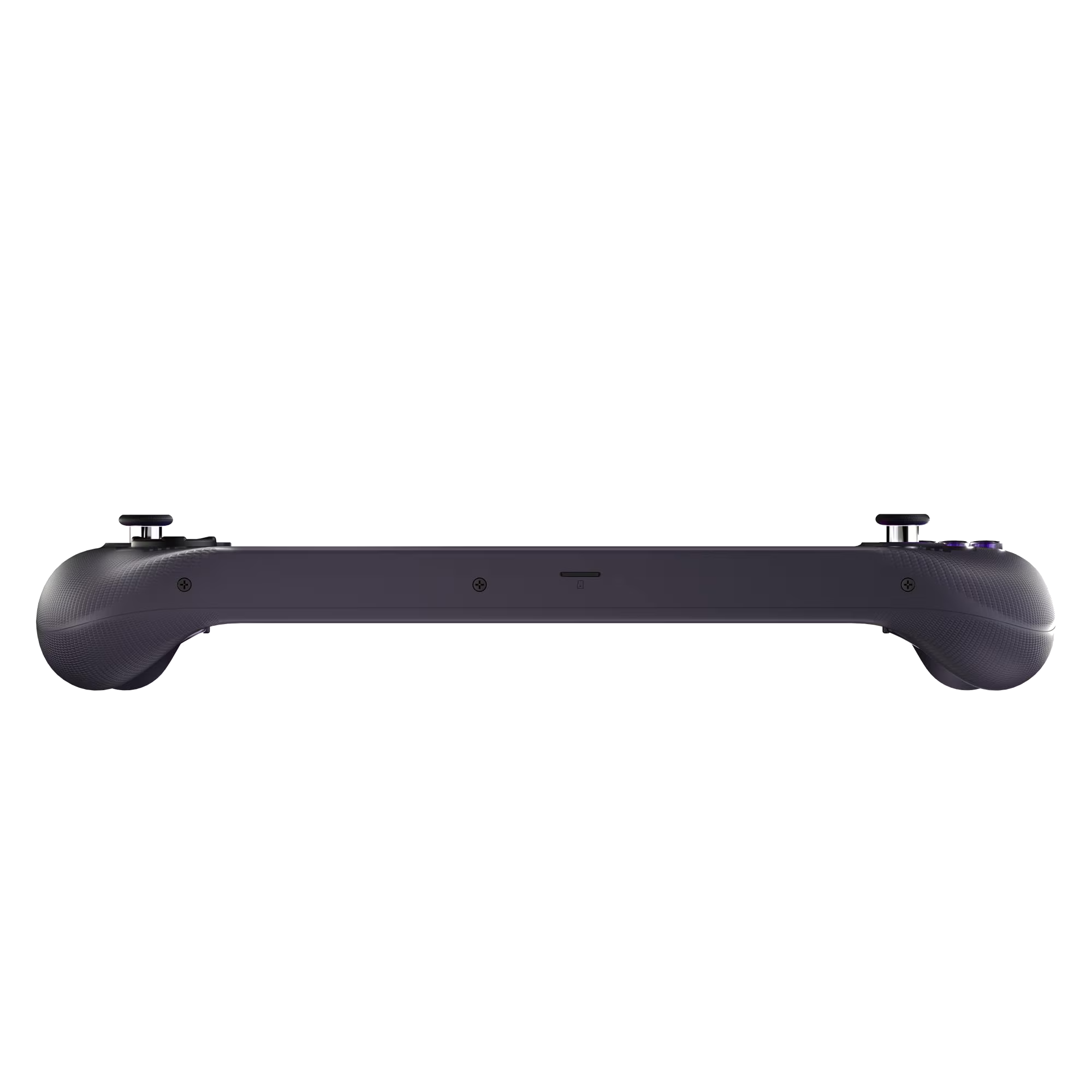 Controlador gris oscuro con joysticks, botones y puerto USB-C.
