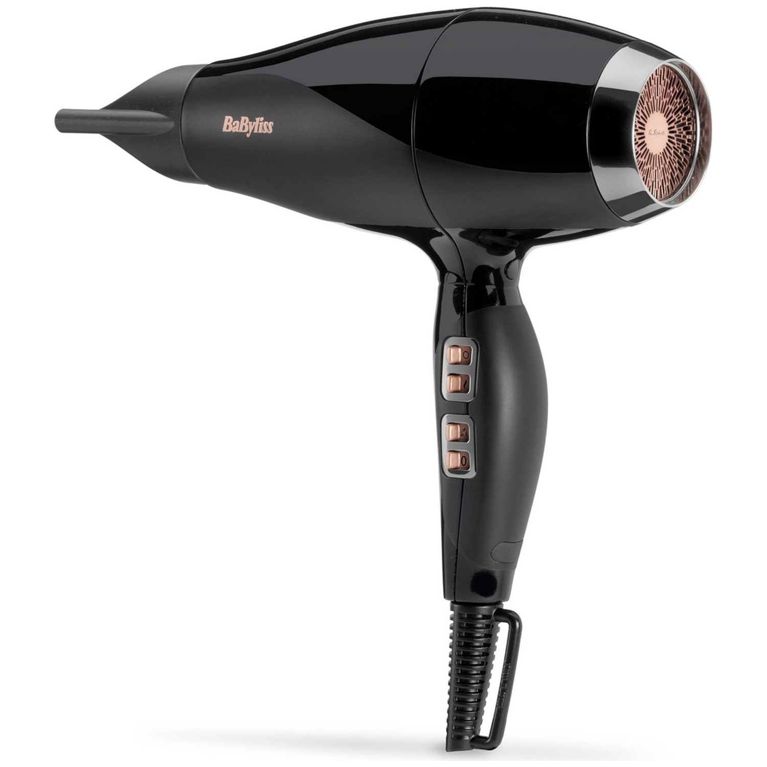 Zwarte haardroger met roségouden accenten en BaByliss logo.