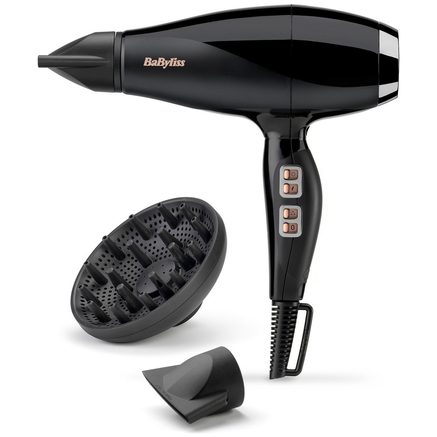 Zwarte BaByliss haardroger met diffuser en concentrator mondstuk.