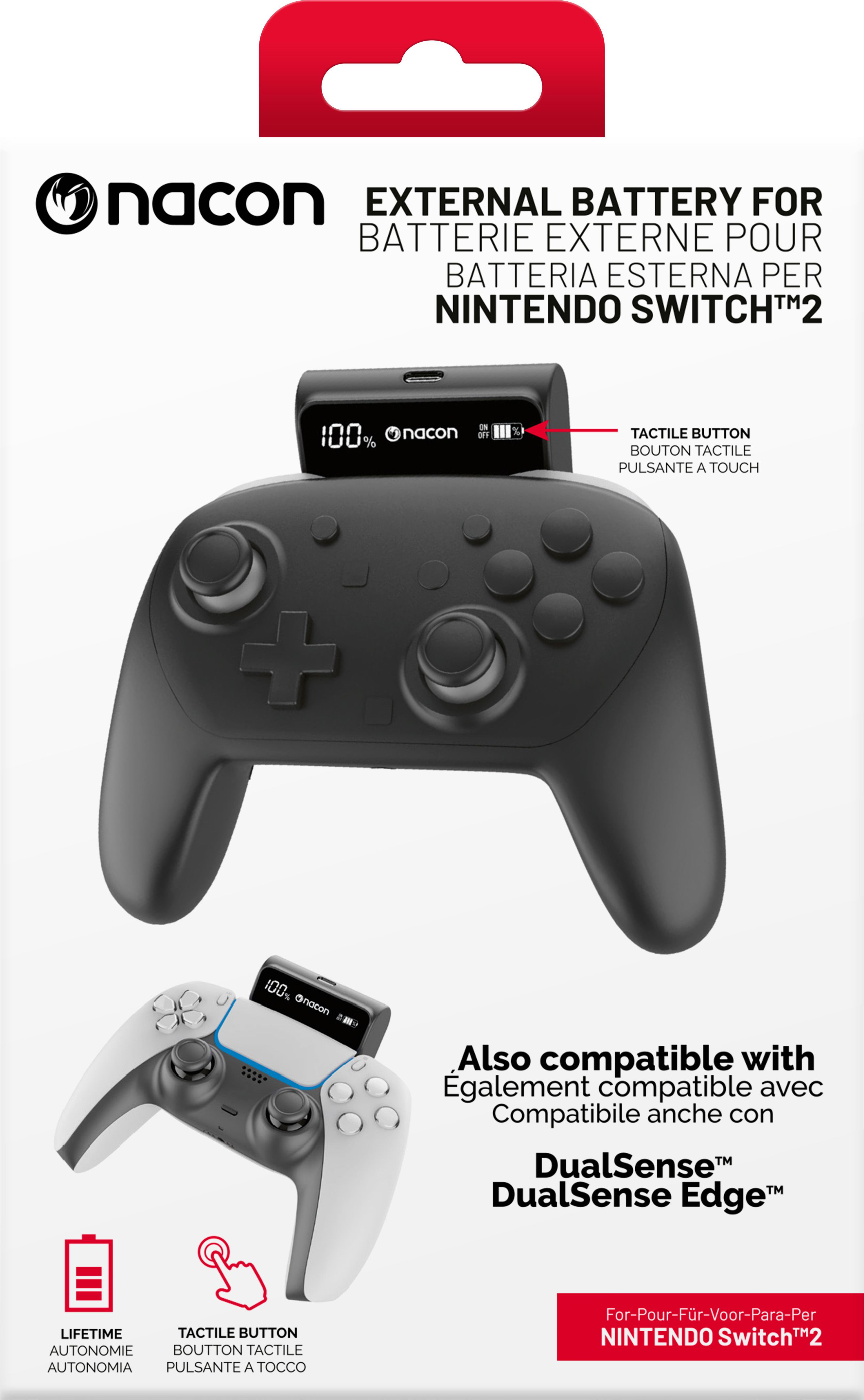 Batteria esterna Nacon per Nintendo Switch 2. Mostra 100%.