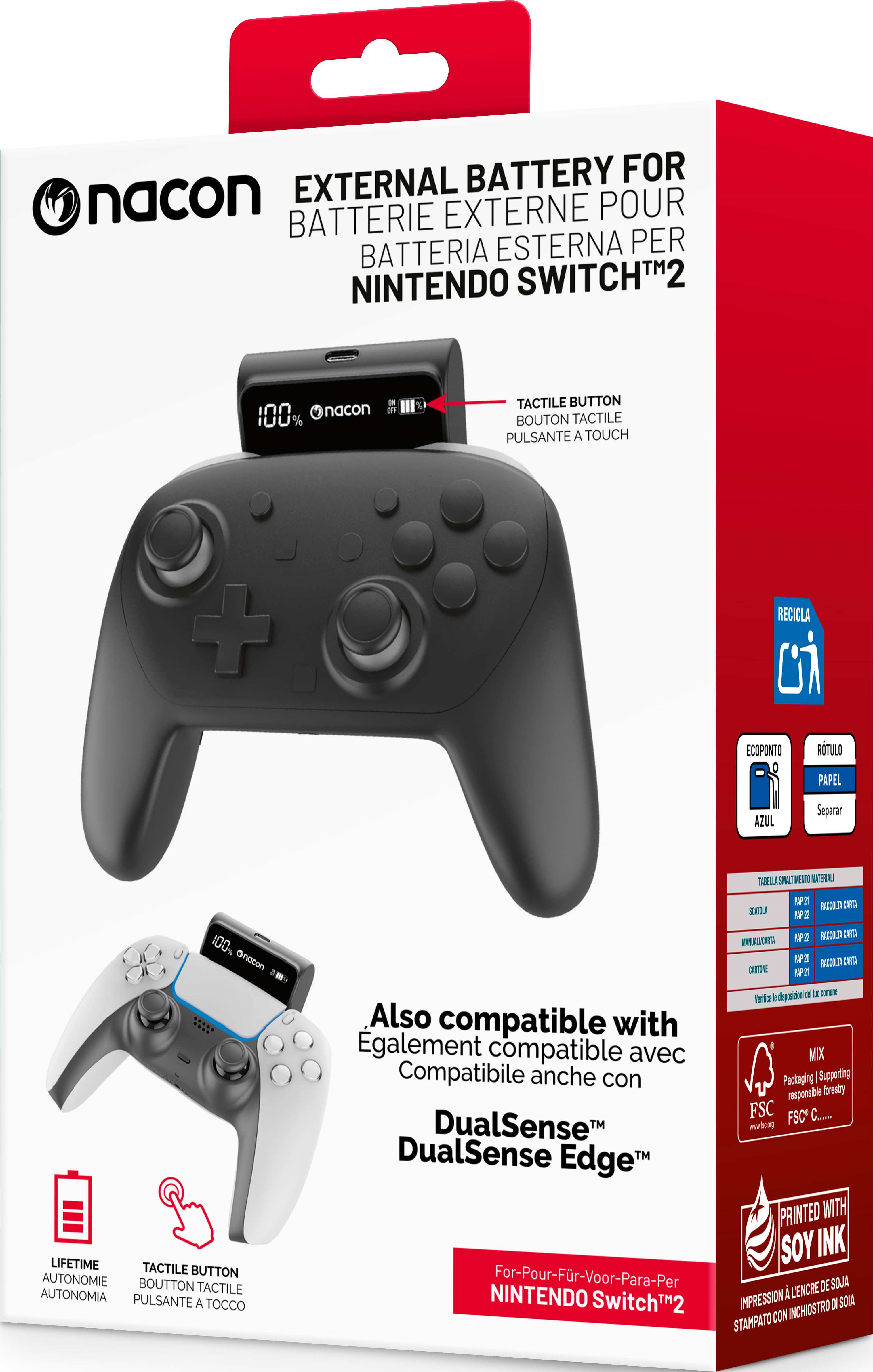 Batteria esterna Nacon per Nintendo Switch, con controller e indicatore di carica.