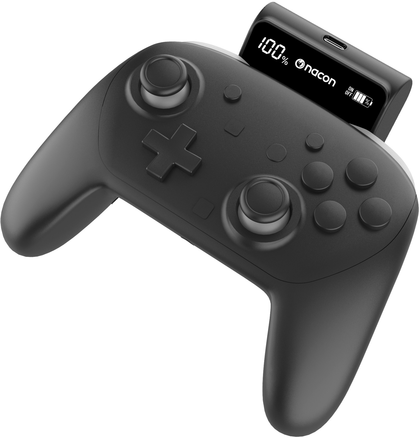 Controller di gioco nero con display digitale che mostra il 100% di carica.