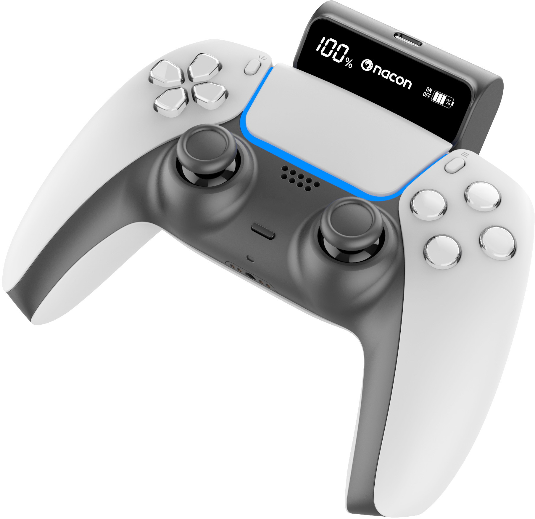 Un controller bianco e grigio con un piccolo schermo nero che mostra il 100%.