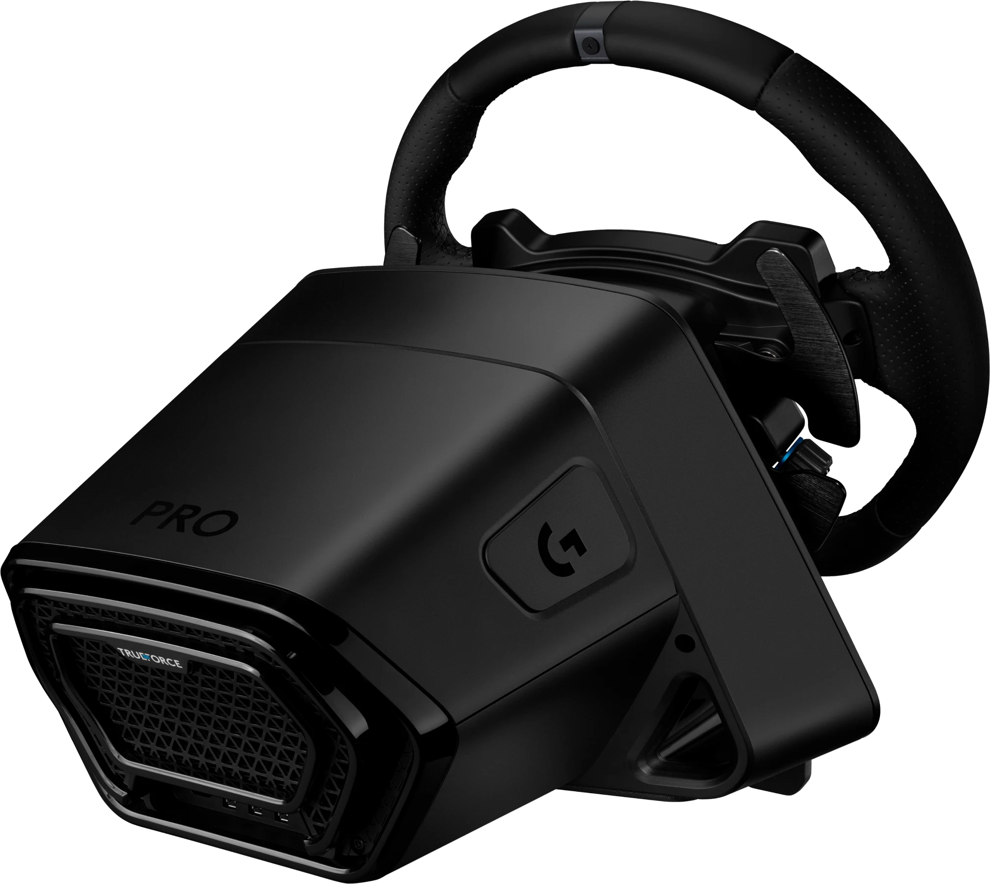 Manette de volant de jeu noire avec "PRO" et logo Logitech "G".