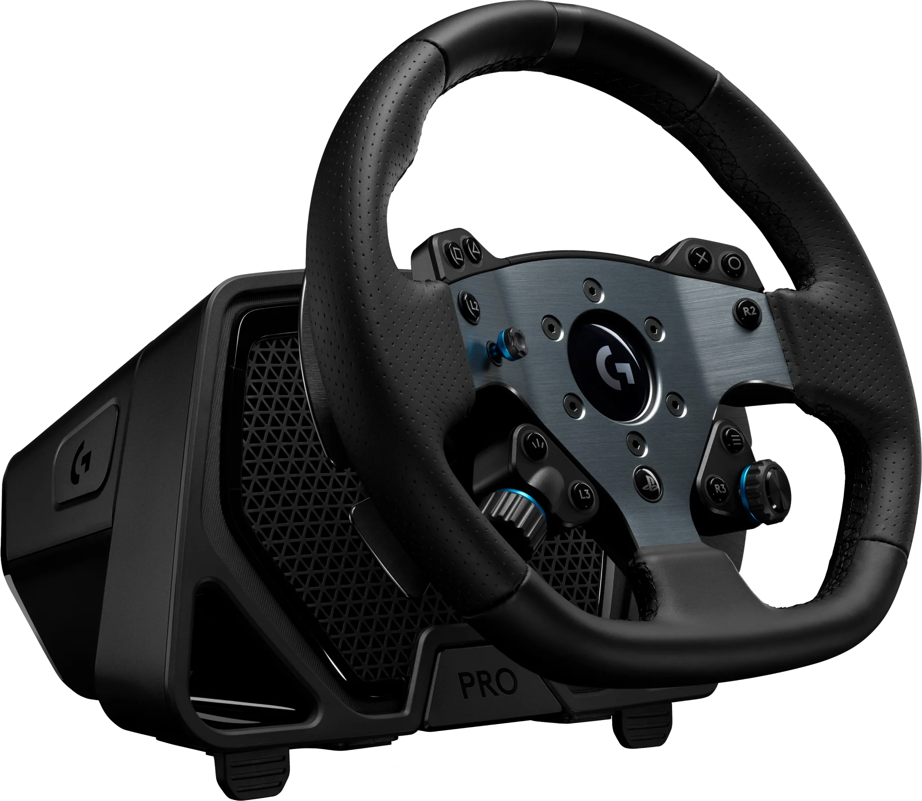 Volant de course Logitech G Pro noir avec détails en métal et cuir sur fond noir.
