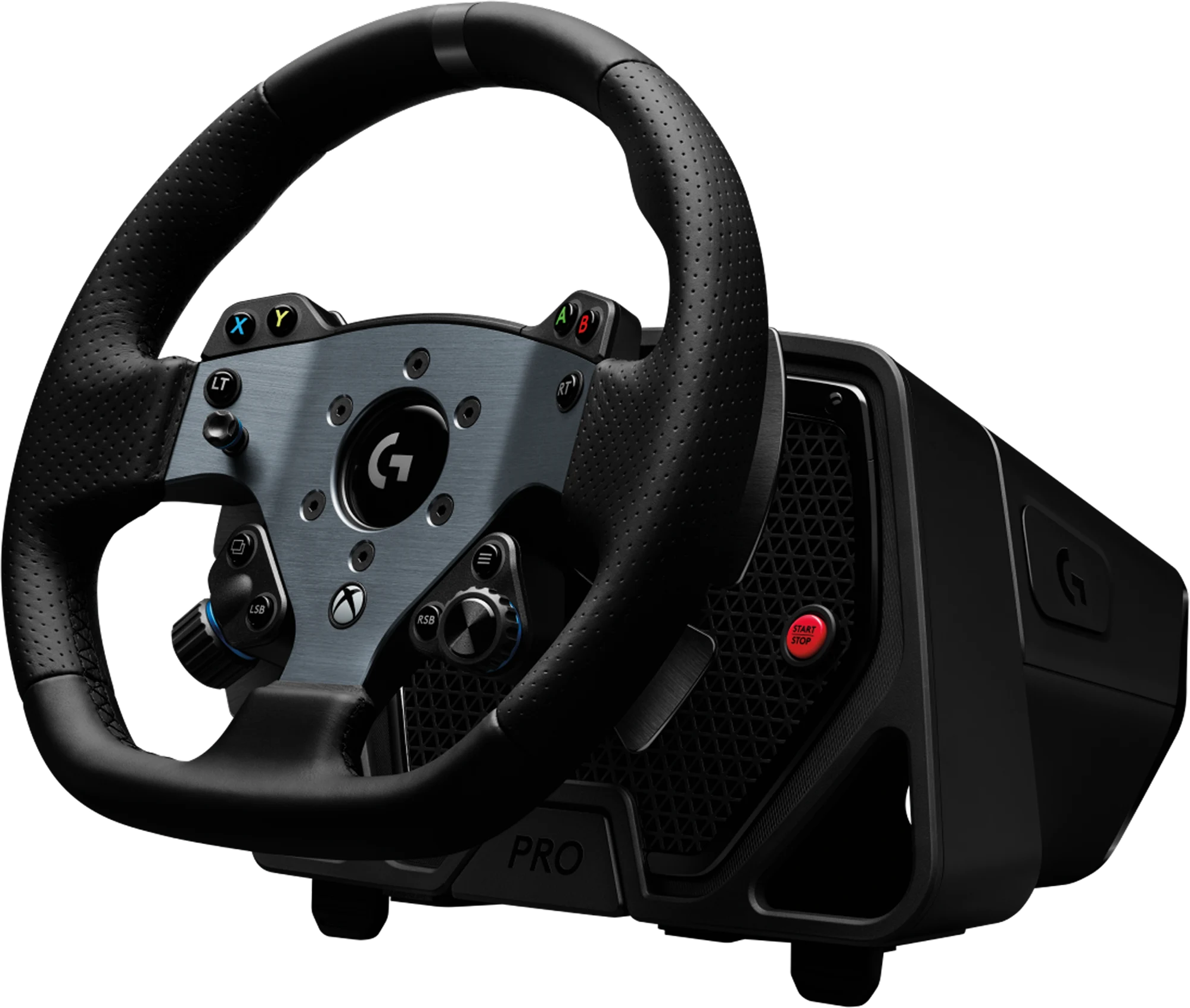 Un volant Logitech G Pro noir avec des accents argentés et divers boutons sur fond noir.