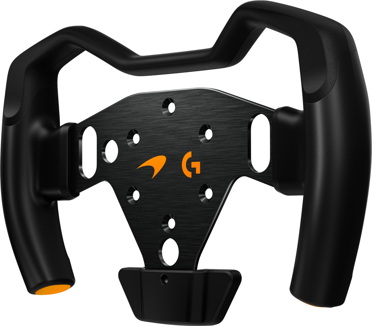 Un accessoire de volant de jeu noir avec des accents et logos oranges.