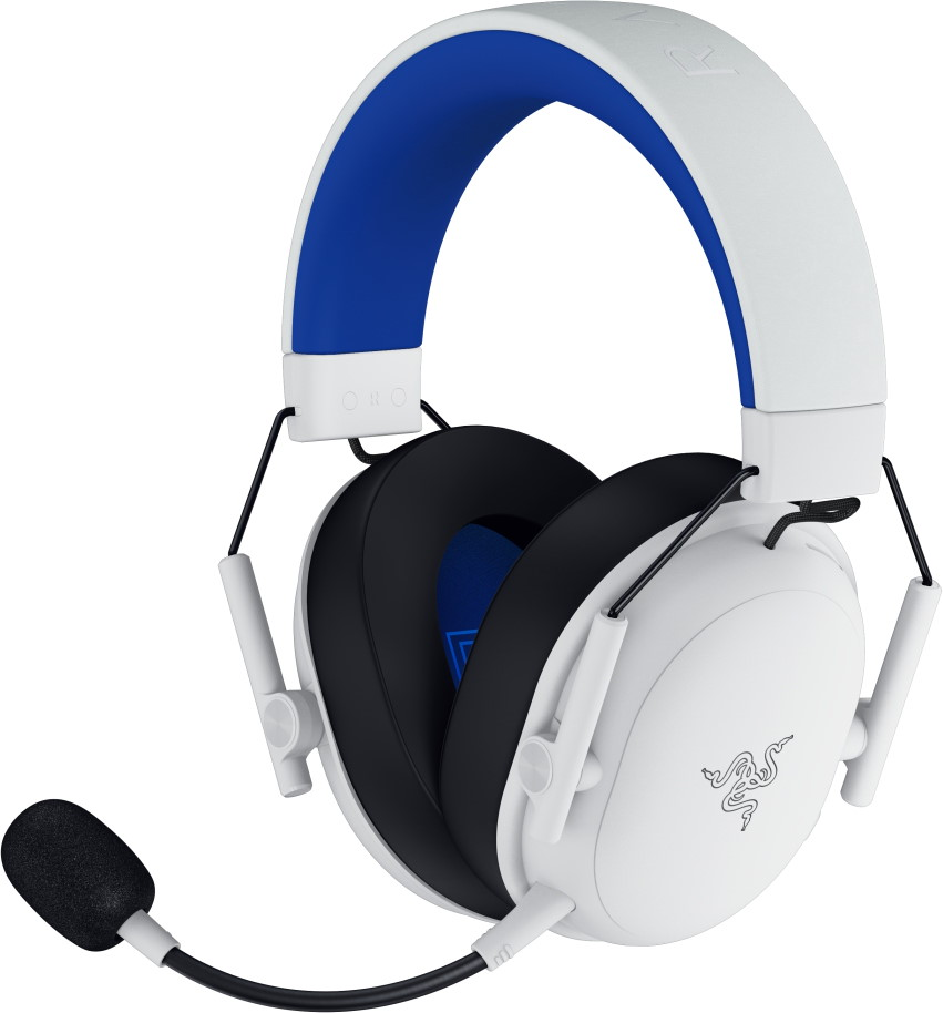 Weißes Headset mit blauer Polsterung, Mikrofon und Razer-Logo.