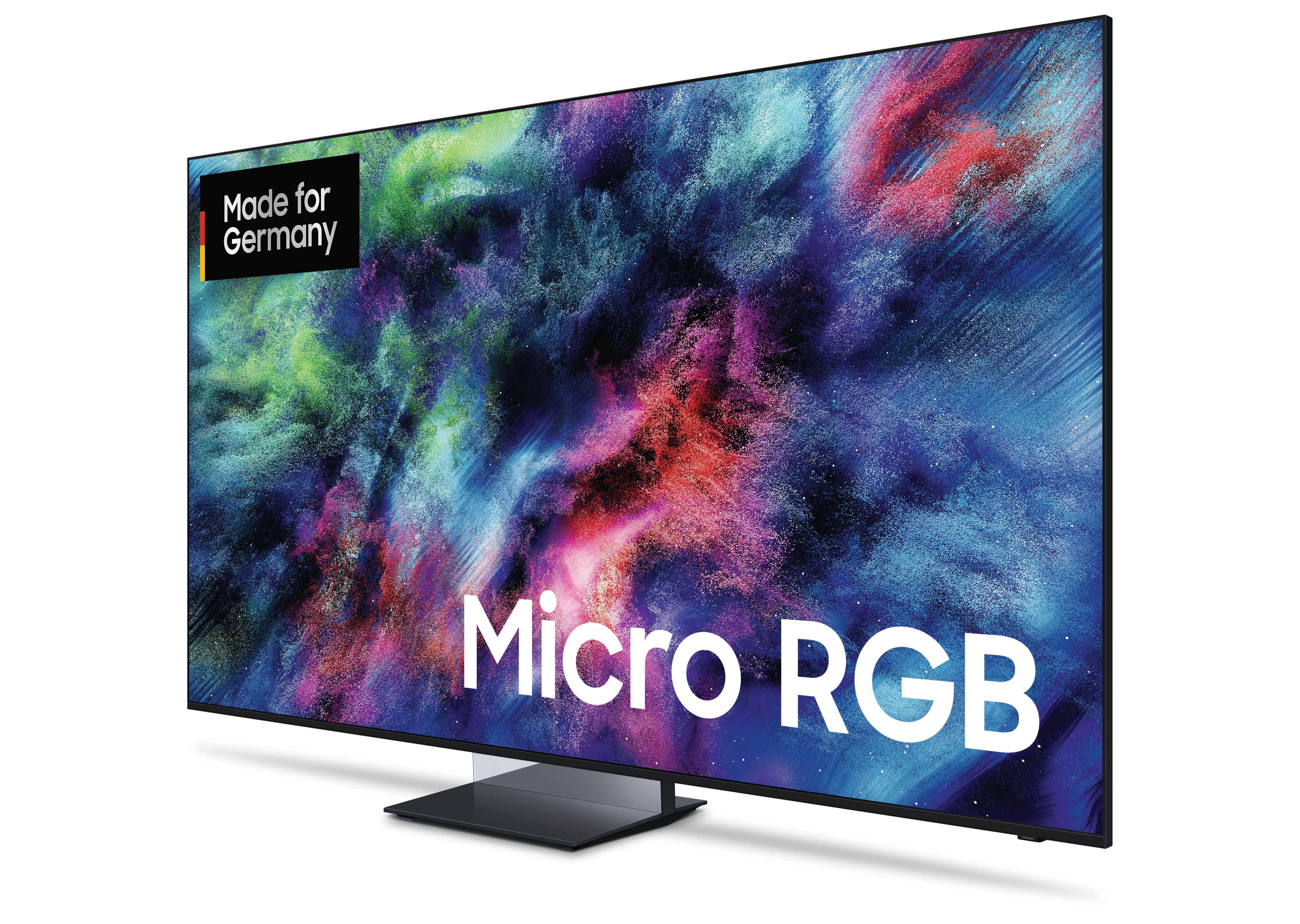 Ein moderner Fernseher mit einem abstrakten, bunten Hintergrund und dem Text 'Micro RGB'.