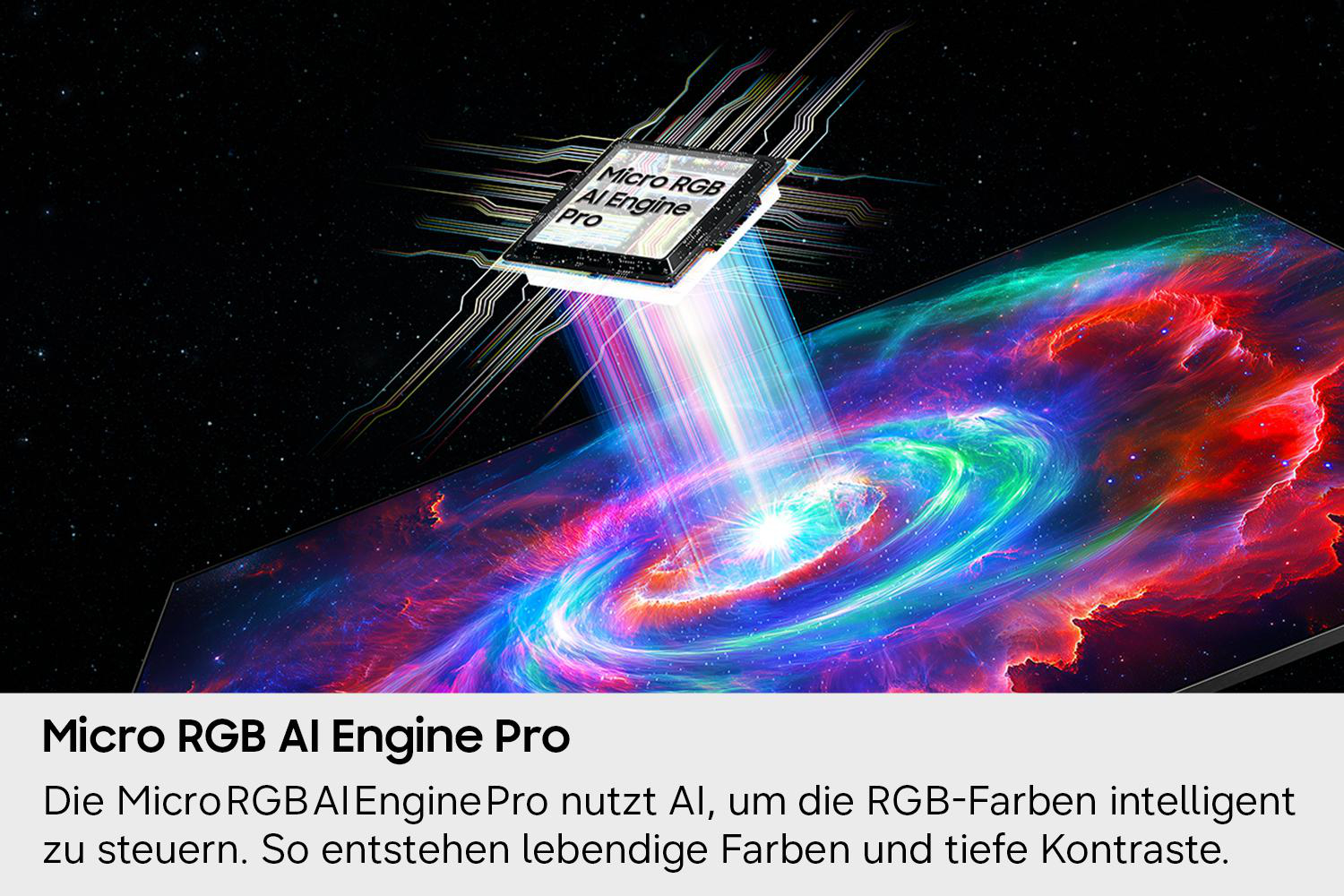 Ein Mikrochip mit RGB AI Engine Pro leitet Lichtstrahlen auf eine Weltraumlandschaft.