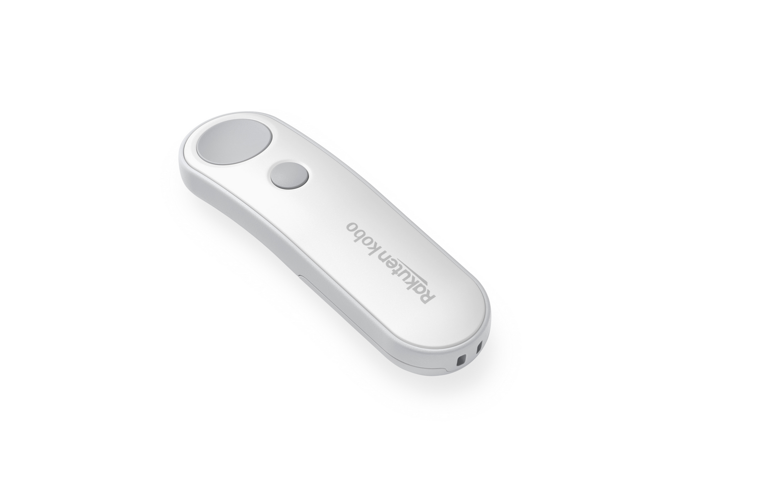 Un dispositivo Kobo blanco con dos botones grises y el logo Rakuten Kobo.