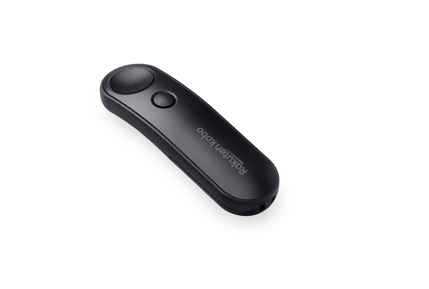 Un control remoto Rakuten Kobo negro sobre fondo blanco.