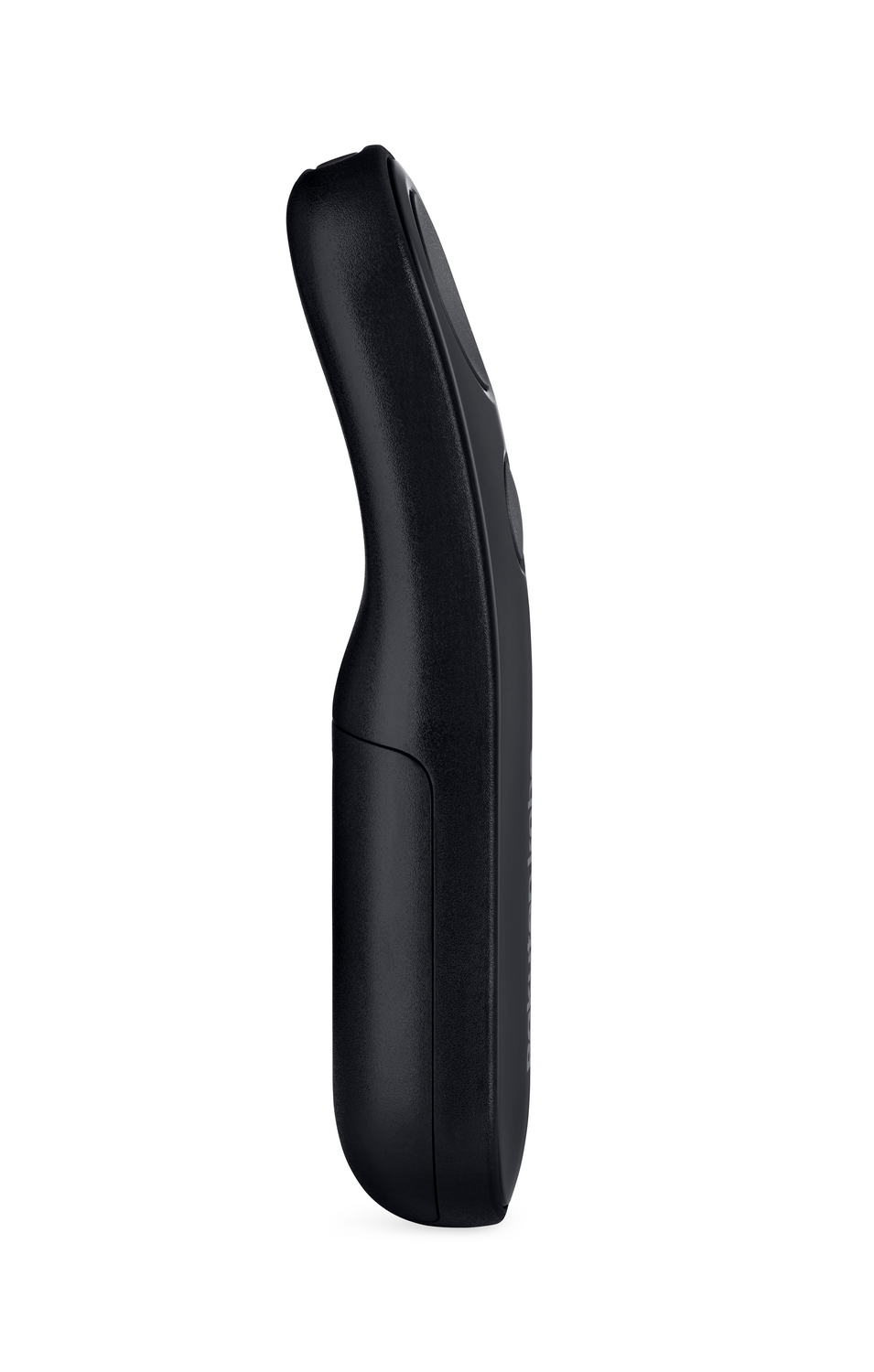 Empuñadura negra ergonómica de mando a distancia con botones laterales.