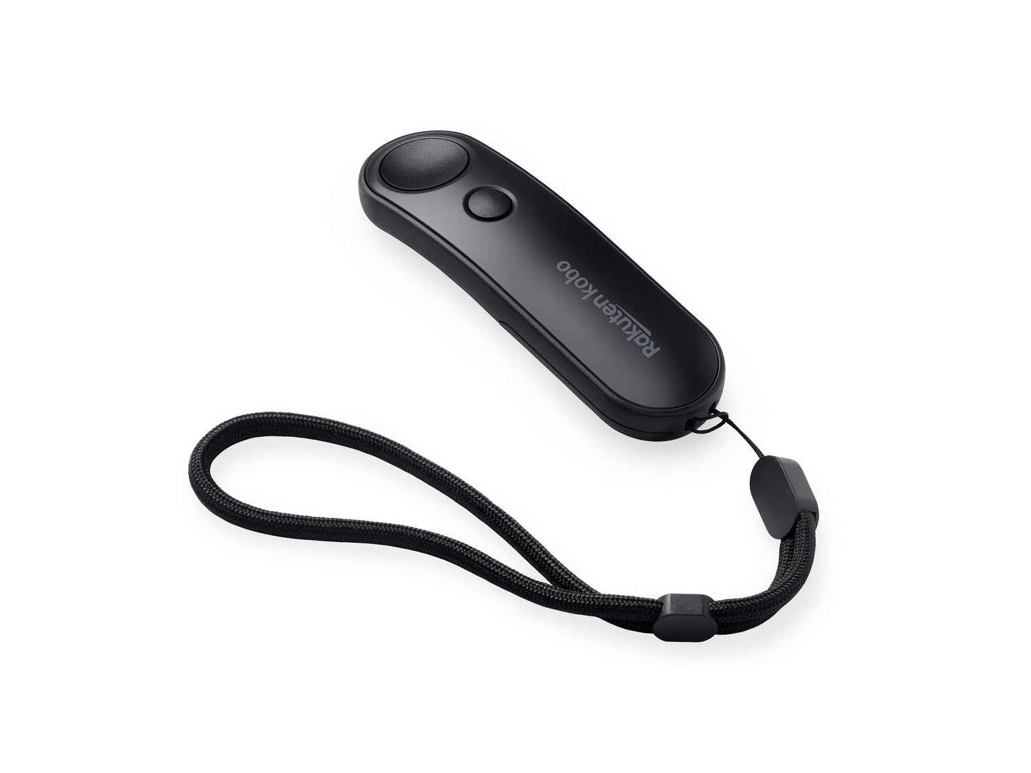 Controlador negro Rakuten Kobo para e-reader con correa de muñeca, sobre fondo blanco.