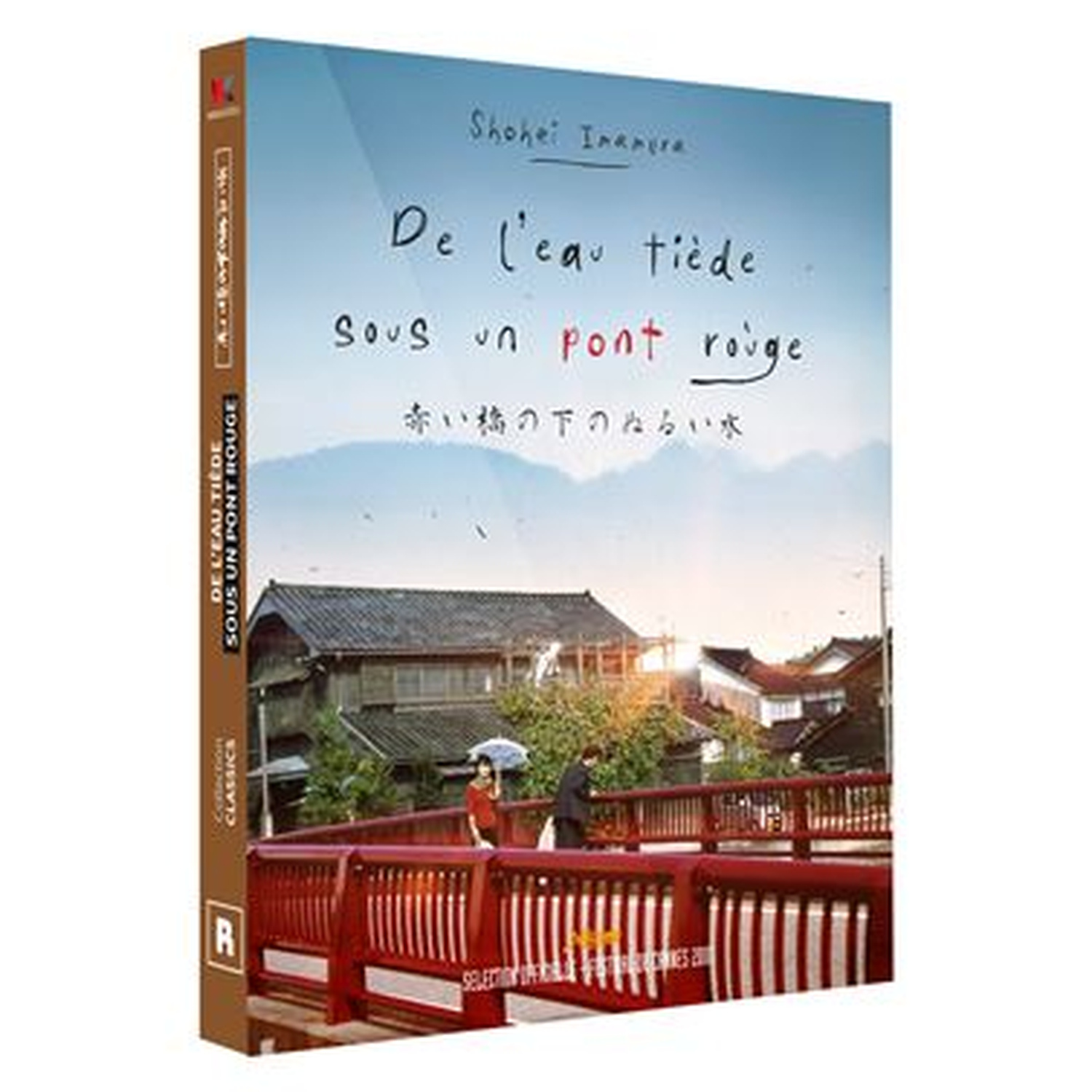 Boekcover toont Japanse scène met gebouwen en rode brug.