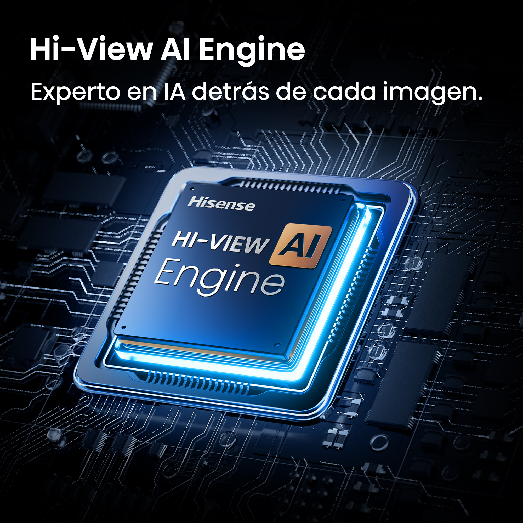 Un chip azul con la etiqueta "Hi-View AI Engine" brilla en una placa de circuito.