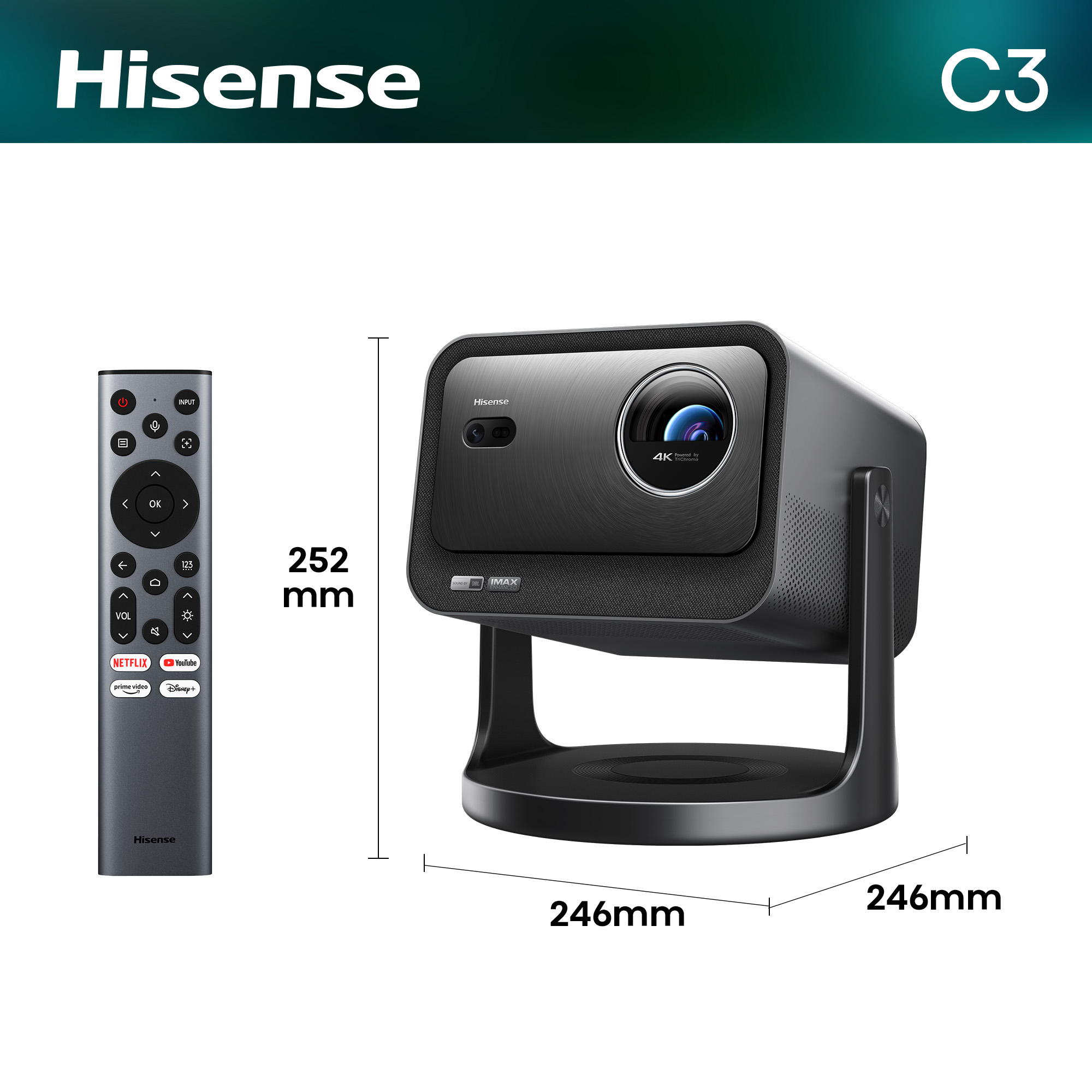 Un proyector Hisense C3 con mando. Dimensiones: 252x246x246mm.