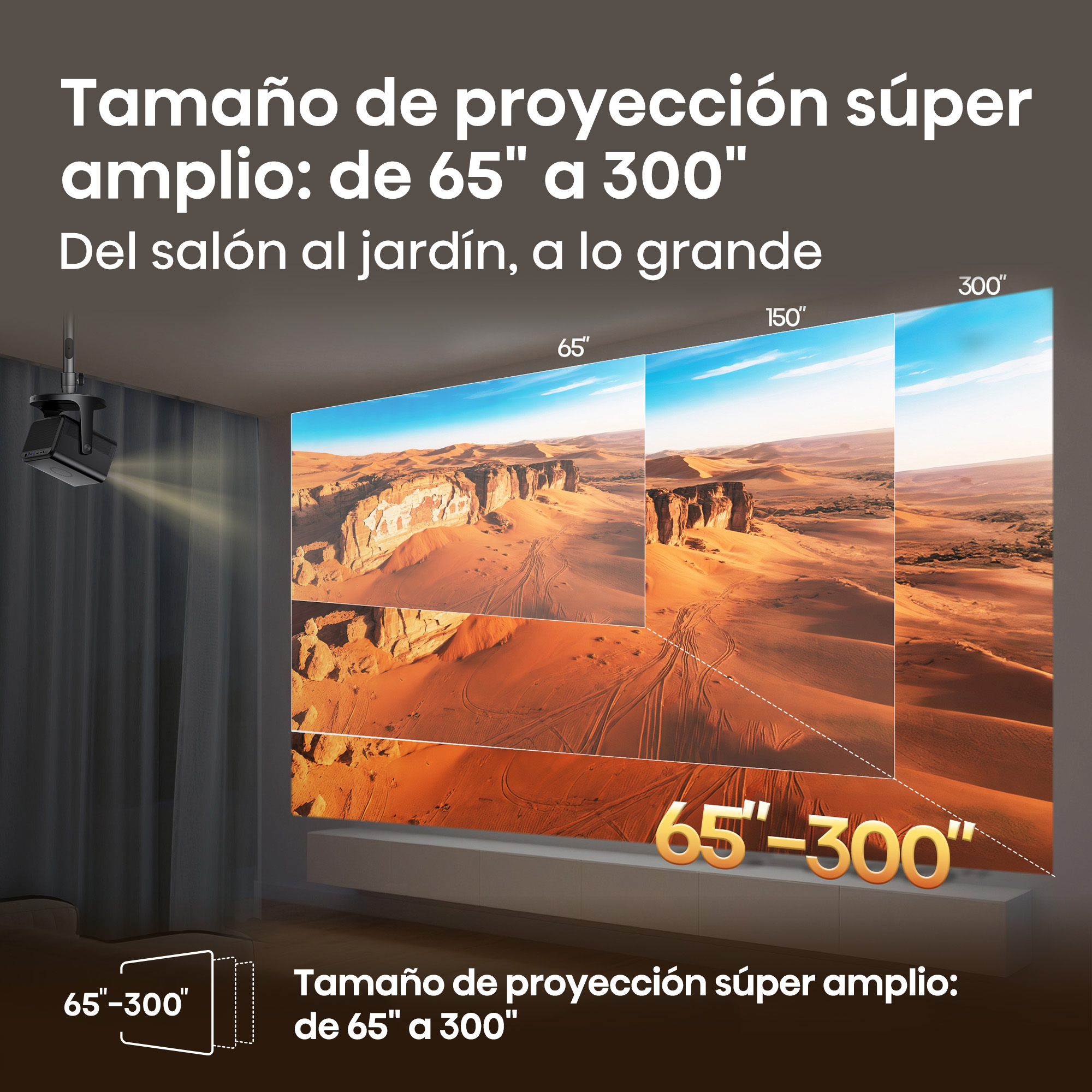 Un proyector muestra una escena desértica en una pantalla, mostrando diferentes tamaños.