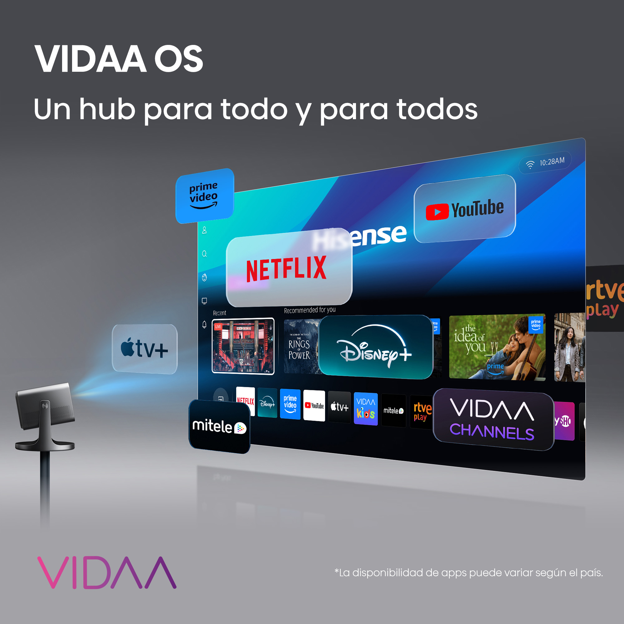 Interfaz de Smart TV VIDAA OS con iconos de apps como Netflix, YouTube, Prime Video, Disney+.