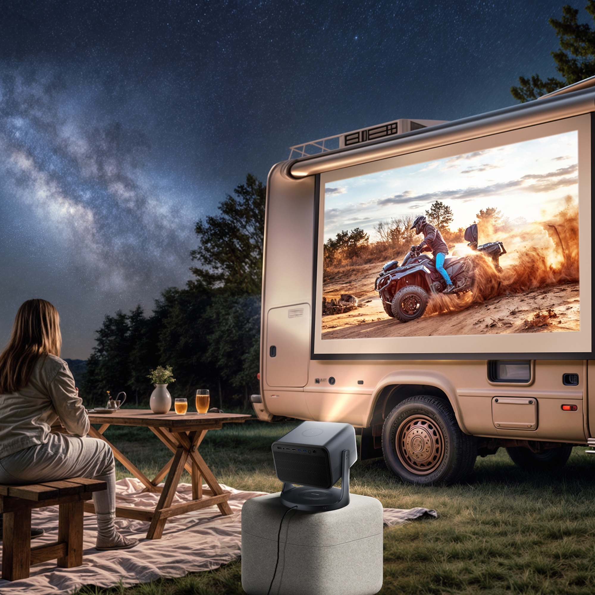 Persona ve película en pantalla en autocaravana por la noche con cielo estrellado.