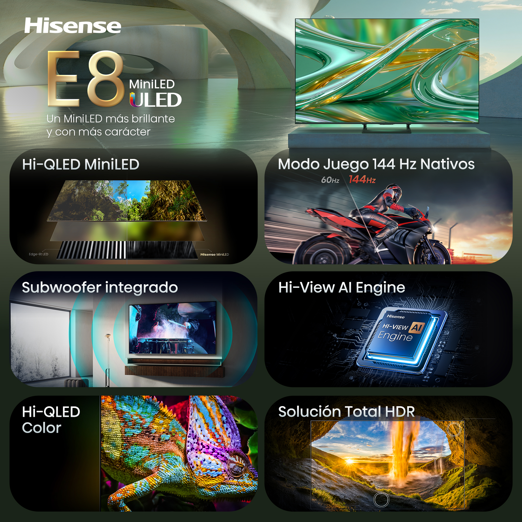 TV Hisense E8 MiniLED con modo juego, Hi-QLED, subwoofer, AI Engine y HDR.