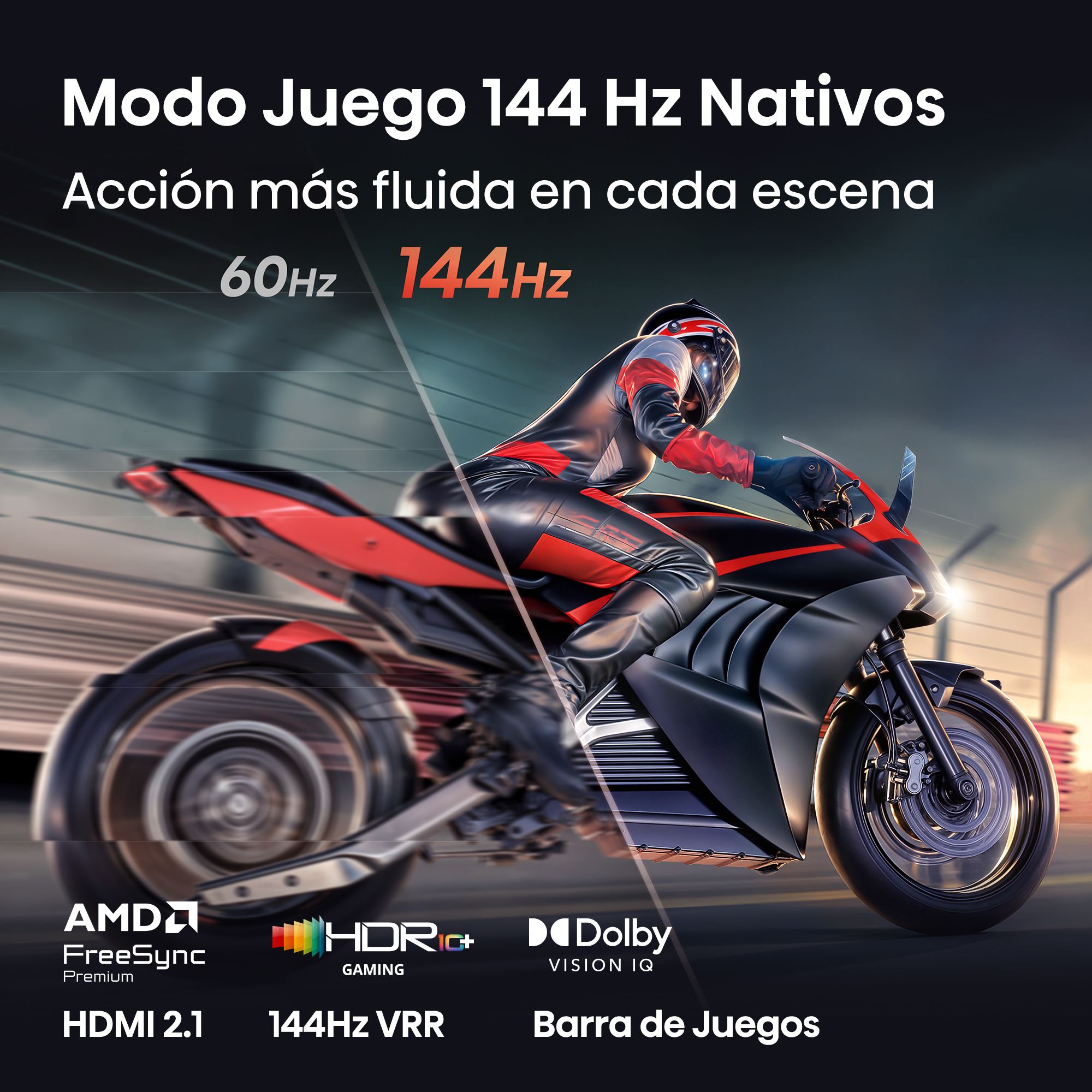 Un corredor en una motocicleta negra y roja con 144 Hz.