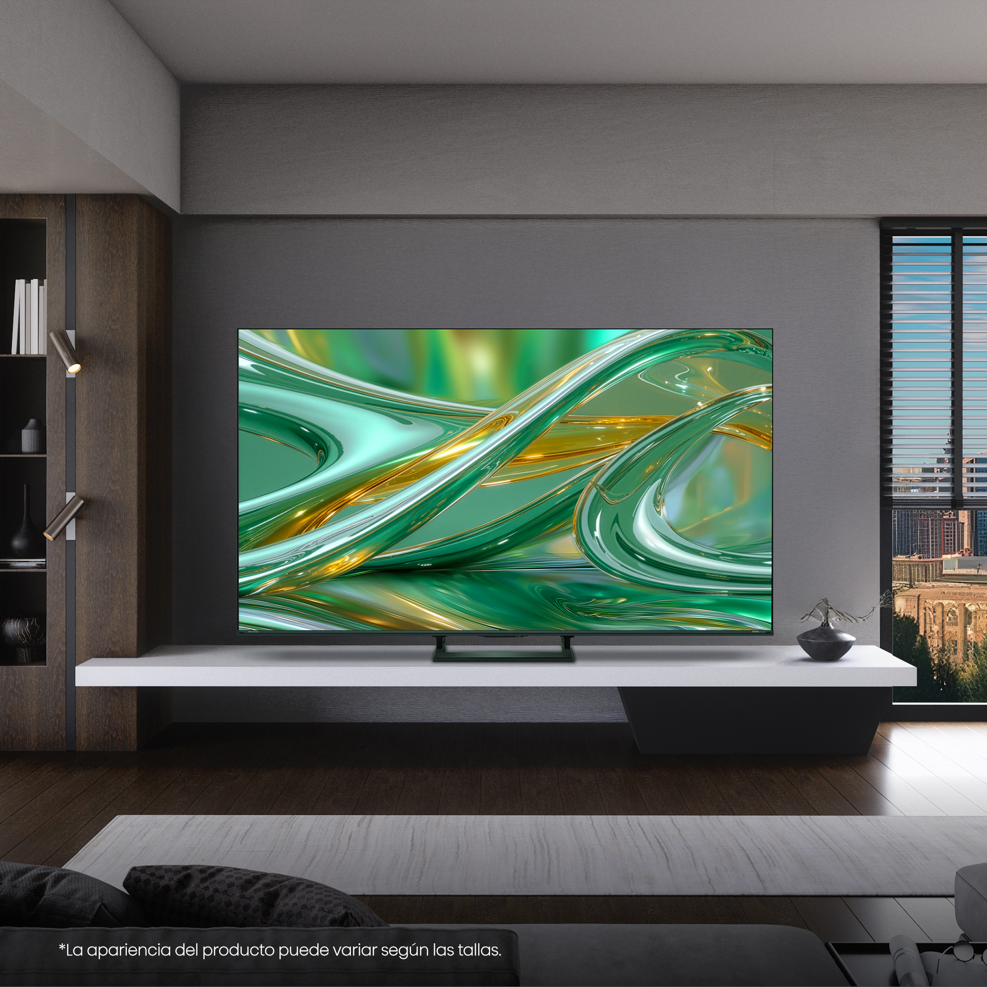 Una sala de estar moderna con un televisor grande que muestra un patrón abstracto verde y dorado.