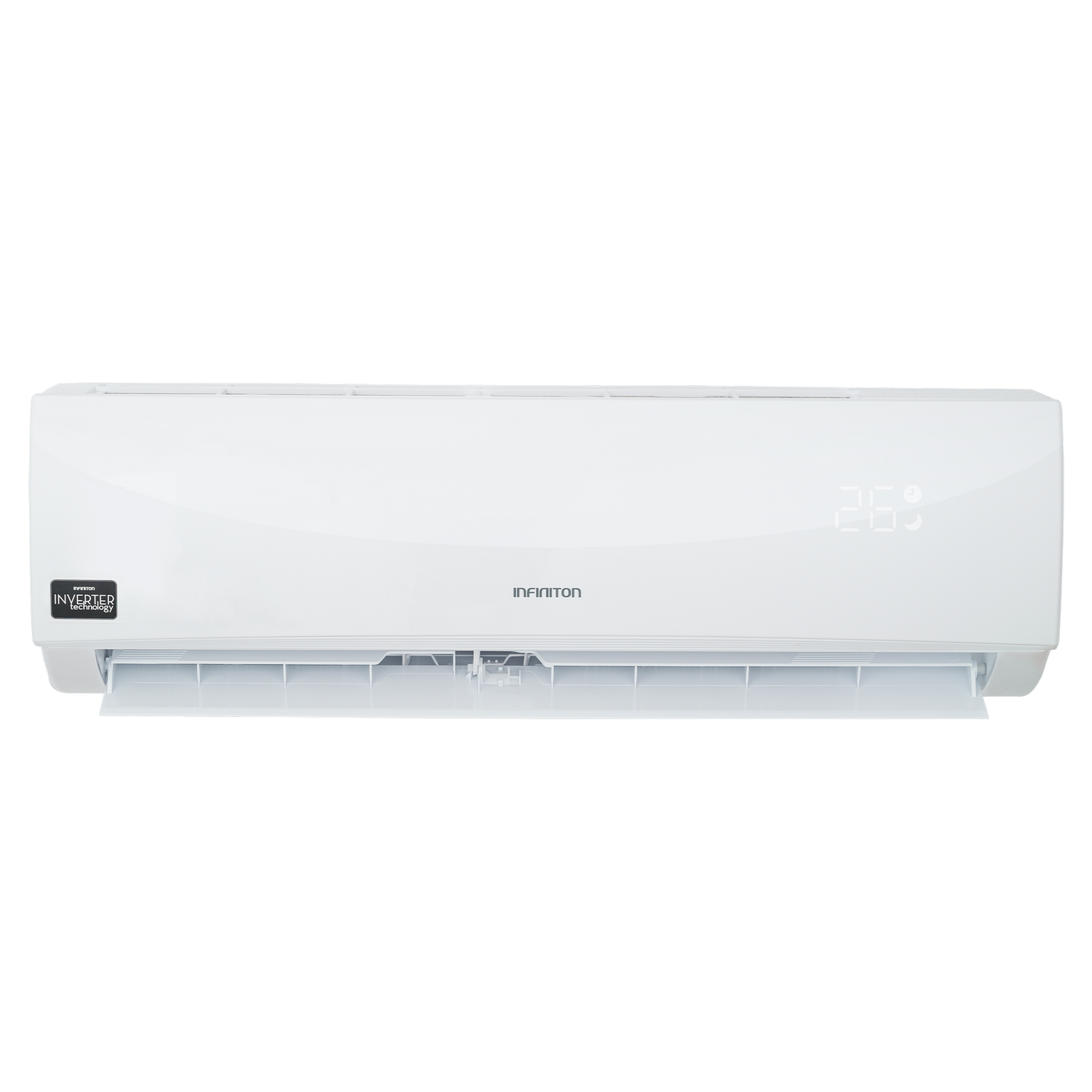 Aire acondicionado blanco con pantalla digital (26°C) y rejillas.