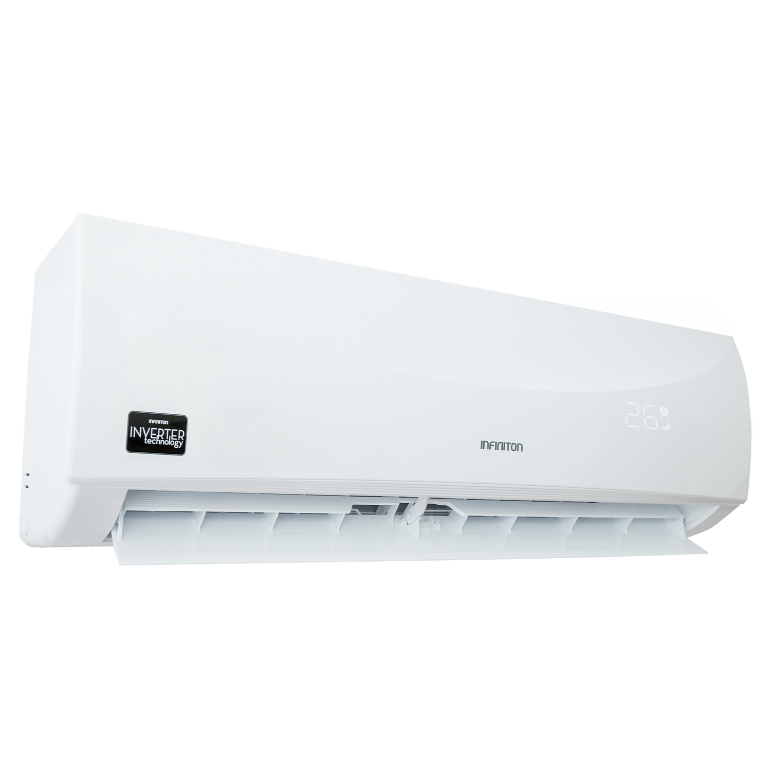 Un aire acondicionado blanco con pantalla digital y etiqueta de 'Inverter Technology'.