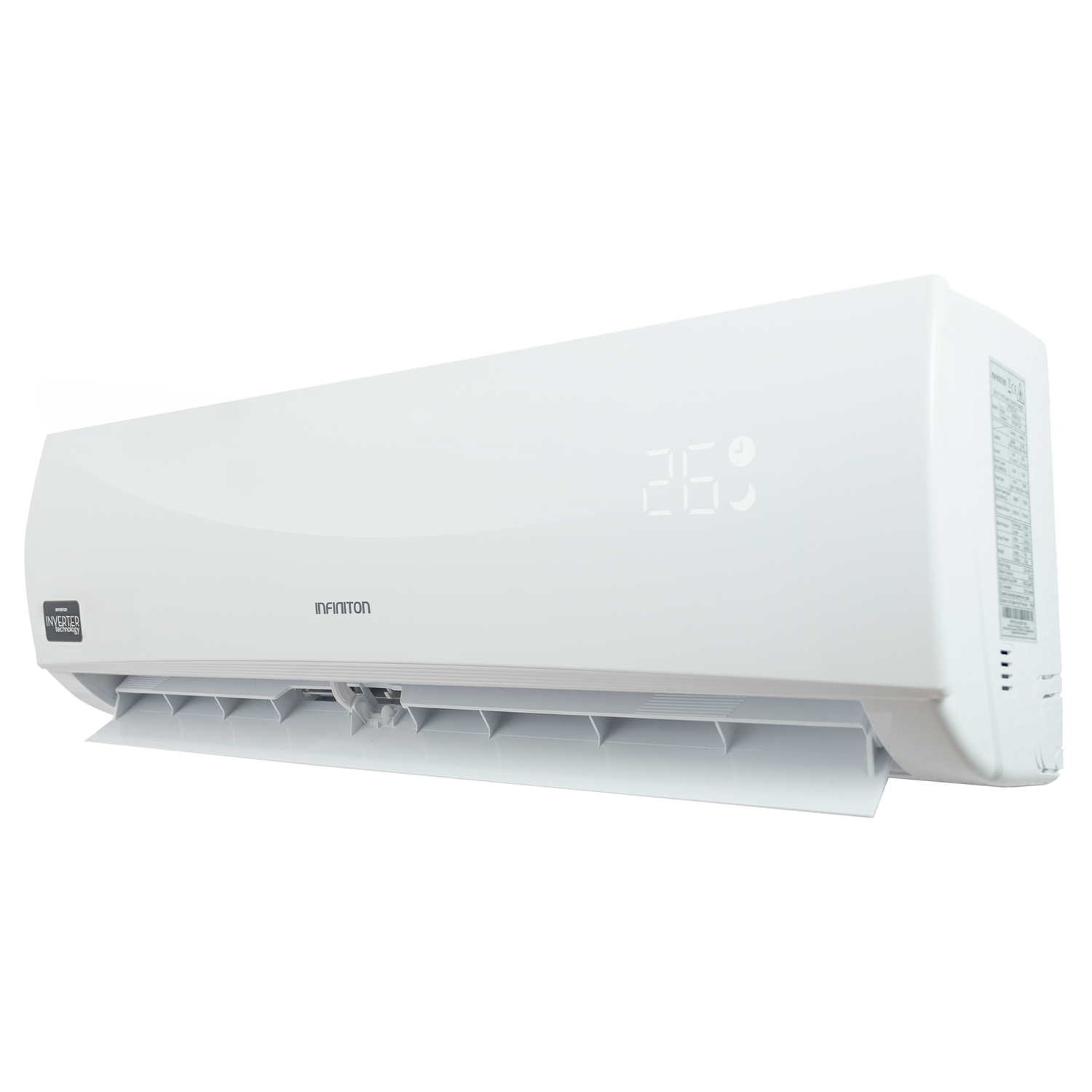 Una unidad de aire acondicionado blanca que muestra 26 grados Celsius.