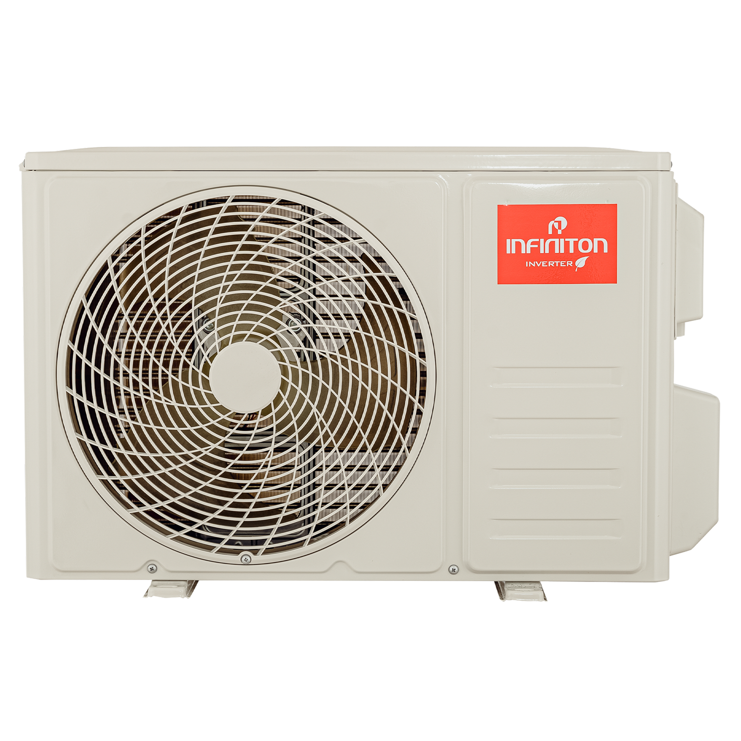Unidad exterior de aire acondicionado color crema con ventilador y logo rojo.