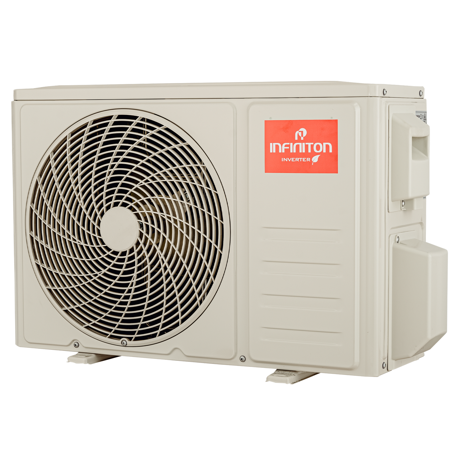 Unidad exterior de aire acondicionado beige con rejilla de ventilador redonda grande y logo naranja.