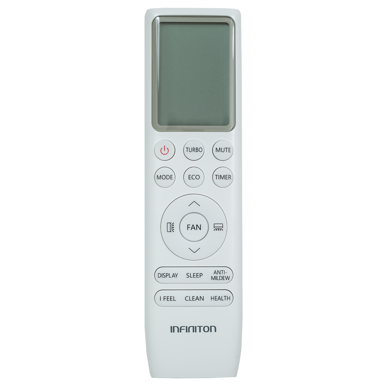 Mando a distancia blanco para aire acondicionado con pantalla LCD y botones.