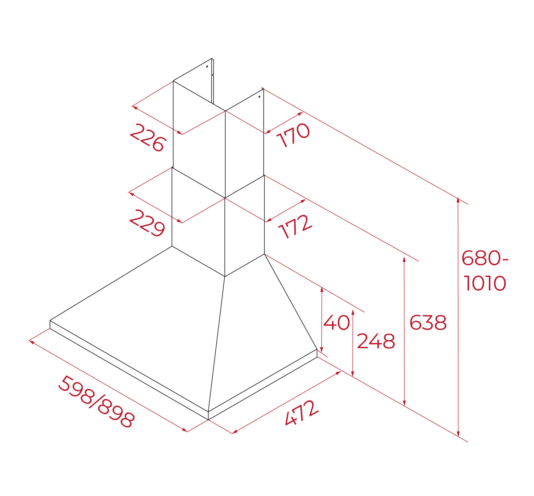 Dibujo técnico de una campana extractora con dimensiones.